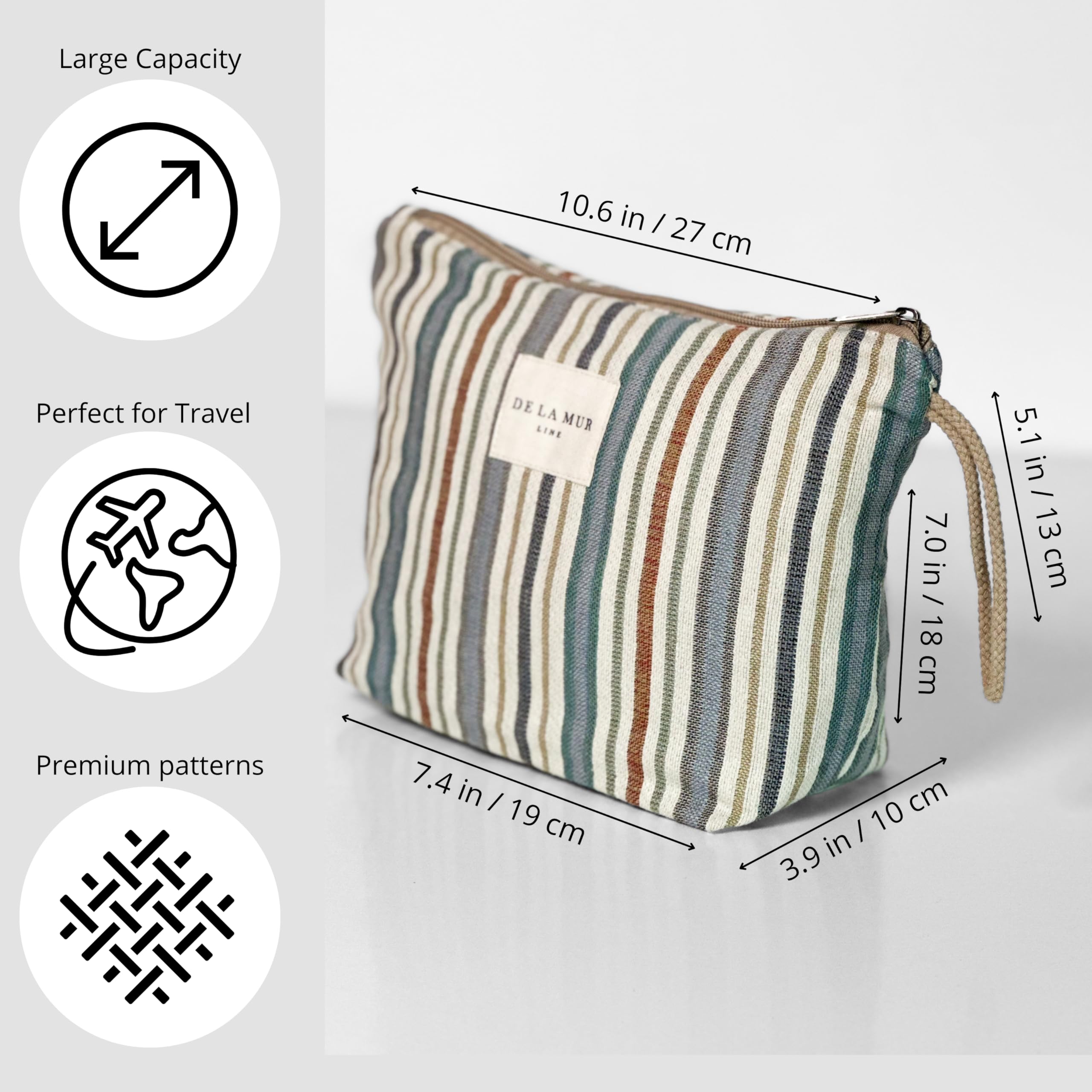 Large Boho Striped Travel Makeup Bag – Spacious Cosmetic & Toiletry Organizer for Women – Waterproof Travel Essentials Pouch for Skincare & Makeup | Perfect for Vacation, Gym & Weekend Getaways | Made in Barcelona, Spain