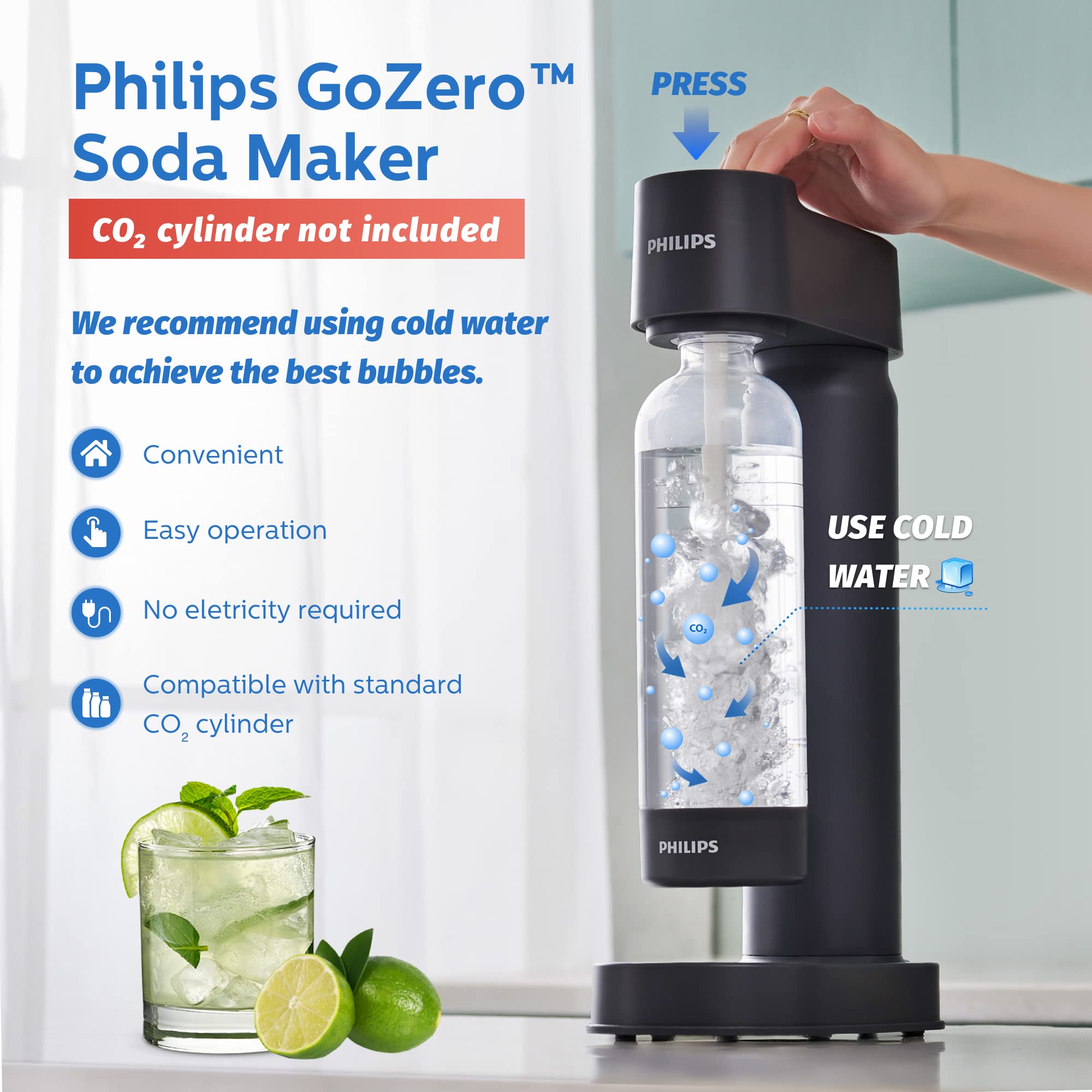 **Philips ADD4901BKO/37 Sparkling Water Maker – Soda Machine with 1L Carbonating Bottle, Compatible with 60L CO2 Cylinder (Not Included) – Make Fizzy Seltzer & Sparkling Water at Home for Cocktails, Hydration & Healthy Drinks**
