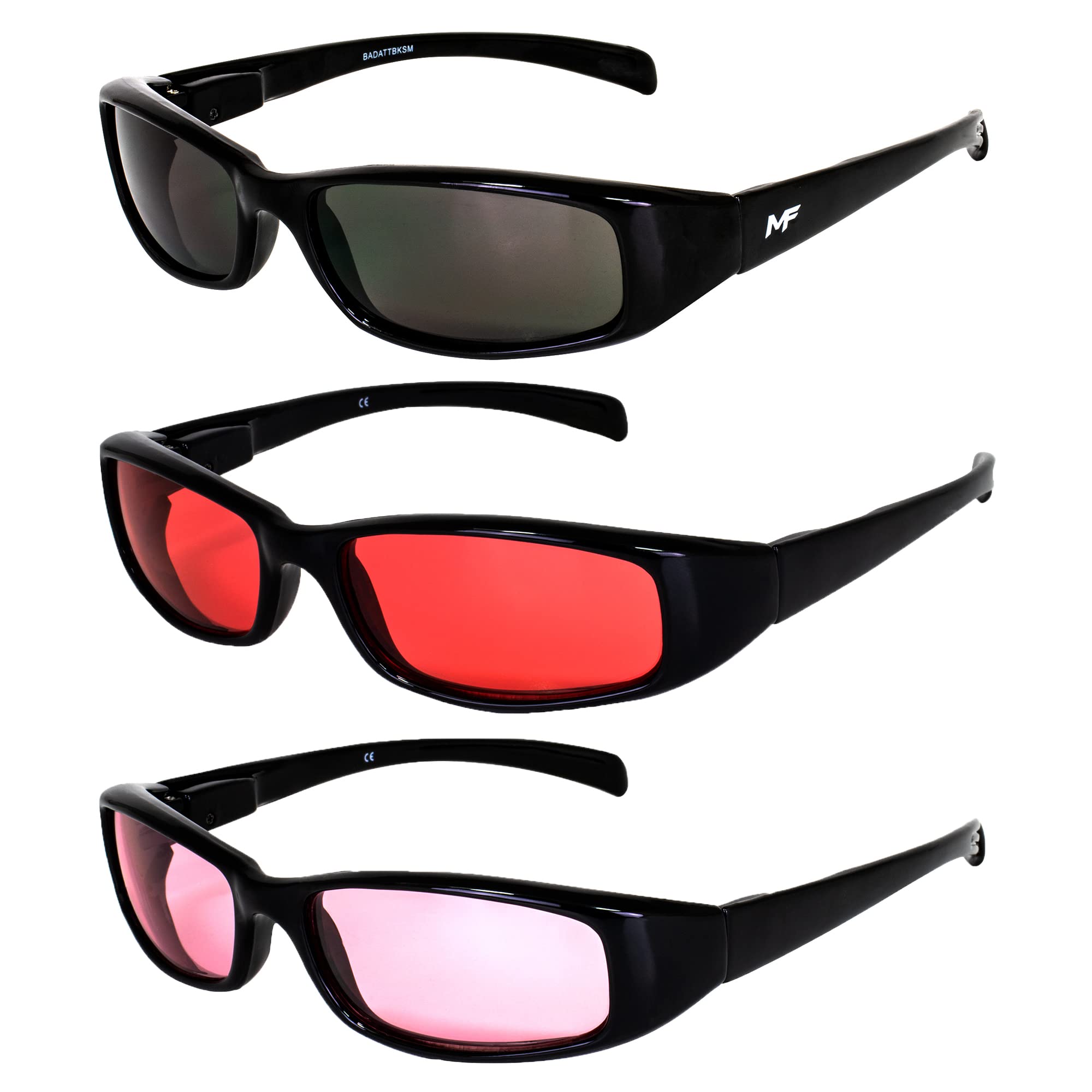 3 Pairs MF Eyewear Bad Attitude Motorcycle Glasses - Shatterproof Polycarbonate, UV400 Protection, Scratch-Resistant, Black Frame with Smoke Red & Rose Lenses - Perfect for Motorcycle Riding, Cycling, and Outdoor Sports