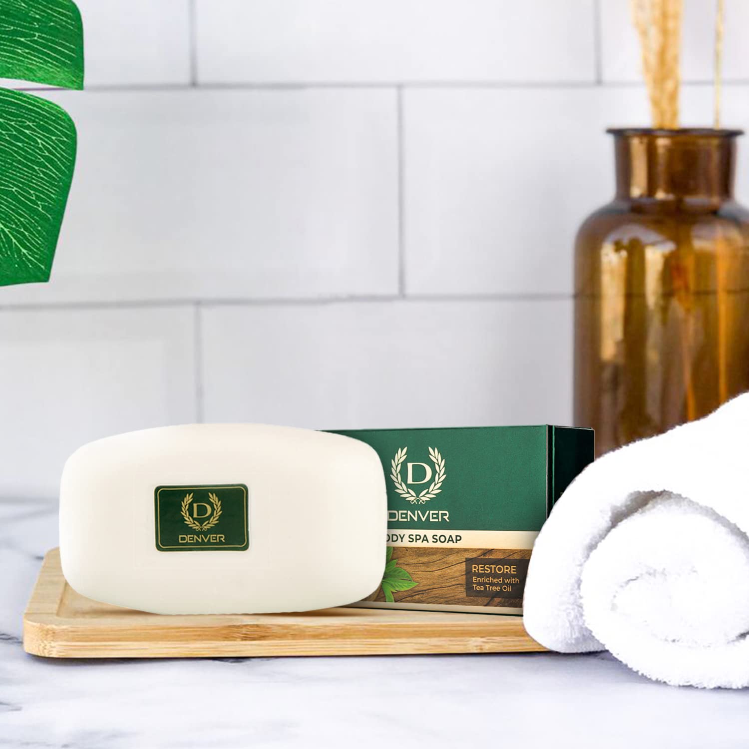 DENVER Restore Body Spa Soap - 125GM Each (Pack of 4) | Tea Tree Oil Enriched | Moisturizing Scented Soap Bar for Men & Women | Perfect for Shower, Bath & Relaxation