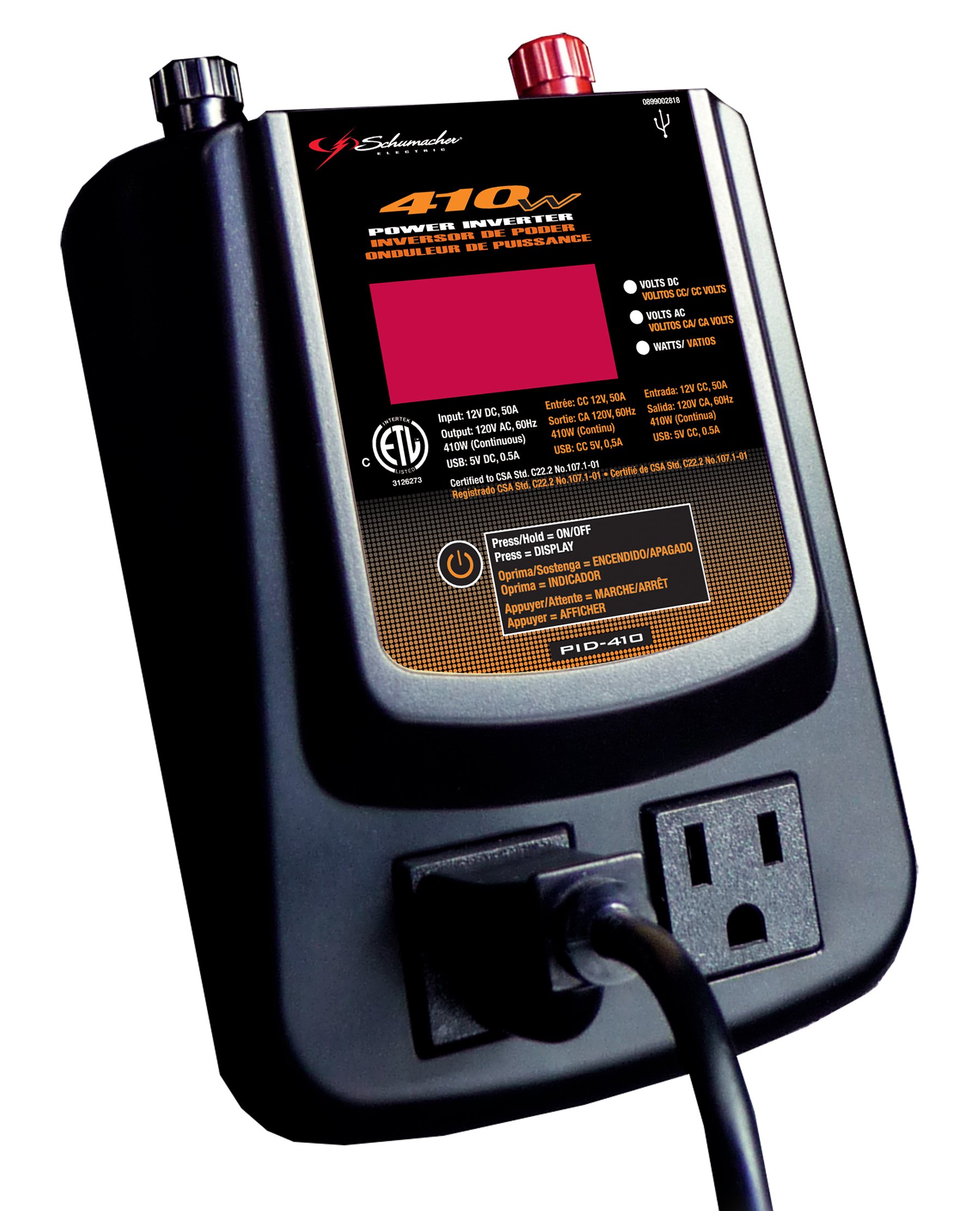 Schumacher PID-410 400W DC to AC Power Inverter with AC Outlet & Dual USB Ports - Portable Car Charger for Laptops, Phones, Tablets - Perfect for Road Trips, Camping & Emergency Power Outages