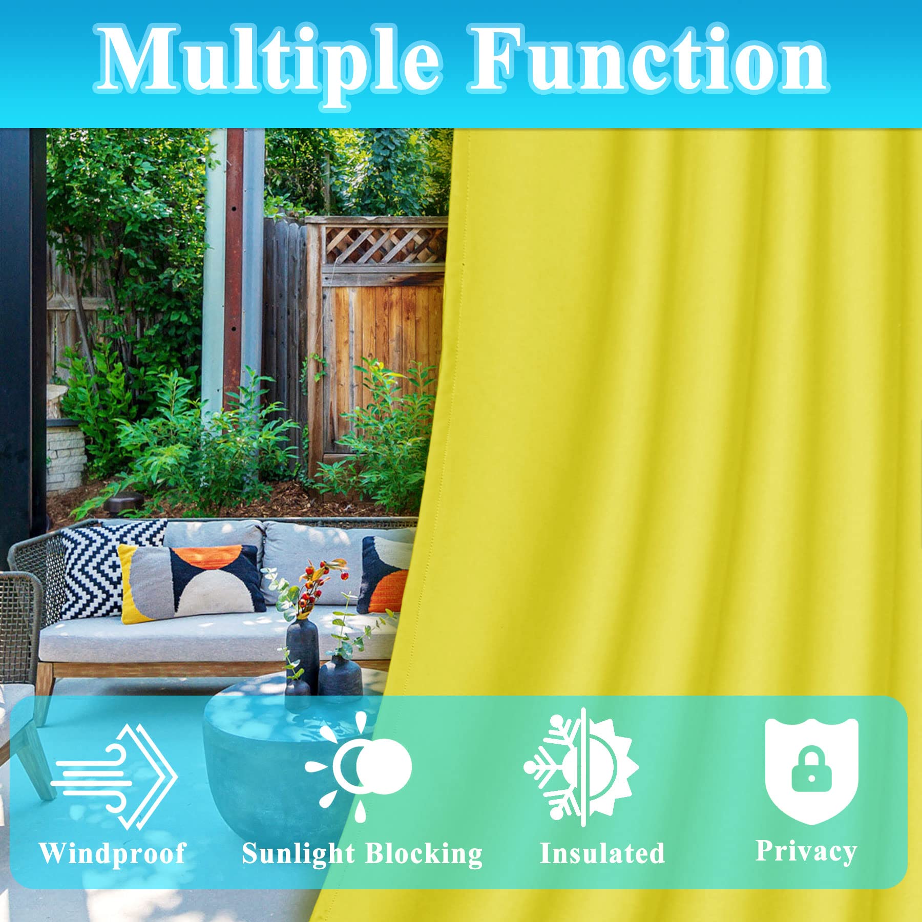 Frelement Extra Wide Outdoor Curtains - Windproof & Privacy Protection - Rustproof Grommet Drapes for Gazebo, Pergola, Patio (150W x 102L, Yellow, 1 Panel) - Perfect for Outdoor Living Spaces & Sun Protection