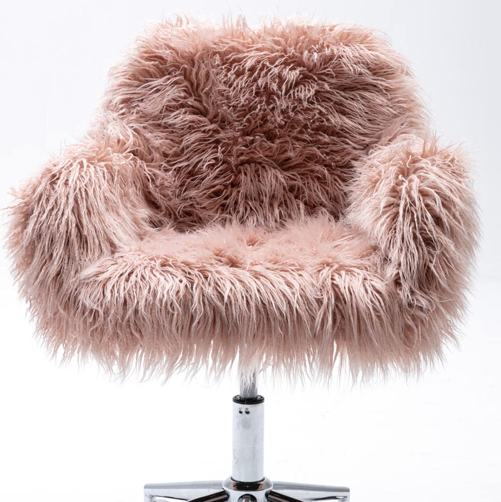 Modern Faux Fur Swivel Chair - Pink Fluffy Accent Chair for Home Office, Bedroom & Makeup Vanity | Heavy Duty Metal Frame with Chrome Base | Perfect for Girls Room Decor, Gaming Setup & Cozy Reading Nook