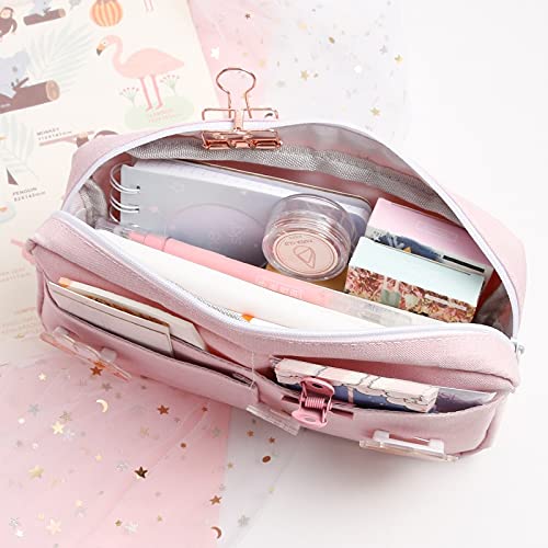 Cute Large Canvas Pencil Case for School & Travel - Kawaii Stationery Organizer, Makeup Pouch, Girls Kids Gift with Badge (Pink) - Perfect for School Supplies, Art Storage & Travel Essentials