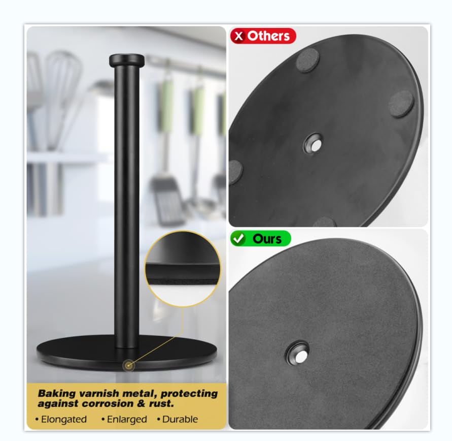 Sturdy Black Paper Towel Holder for Kitchen Countertop - Heavy Weighted Base, Durable Kitchen Roll Holder for Easy Access - Perfect for Home, Office, or Restaurant Use