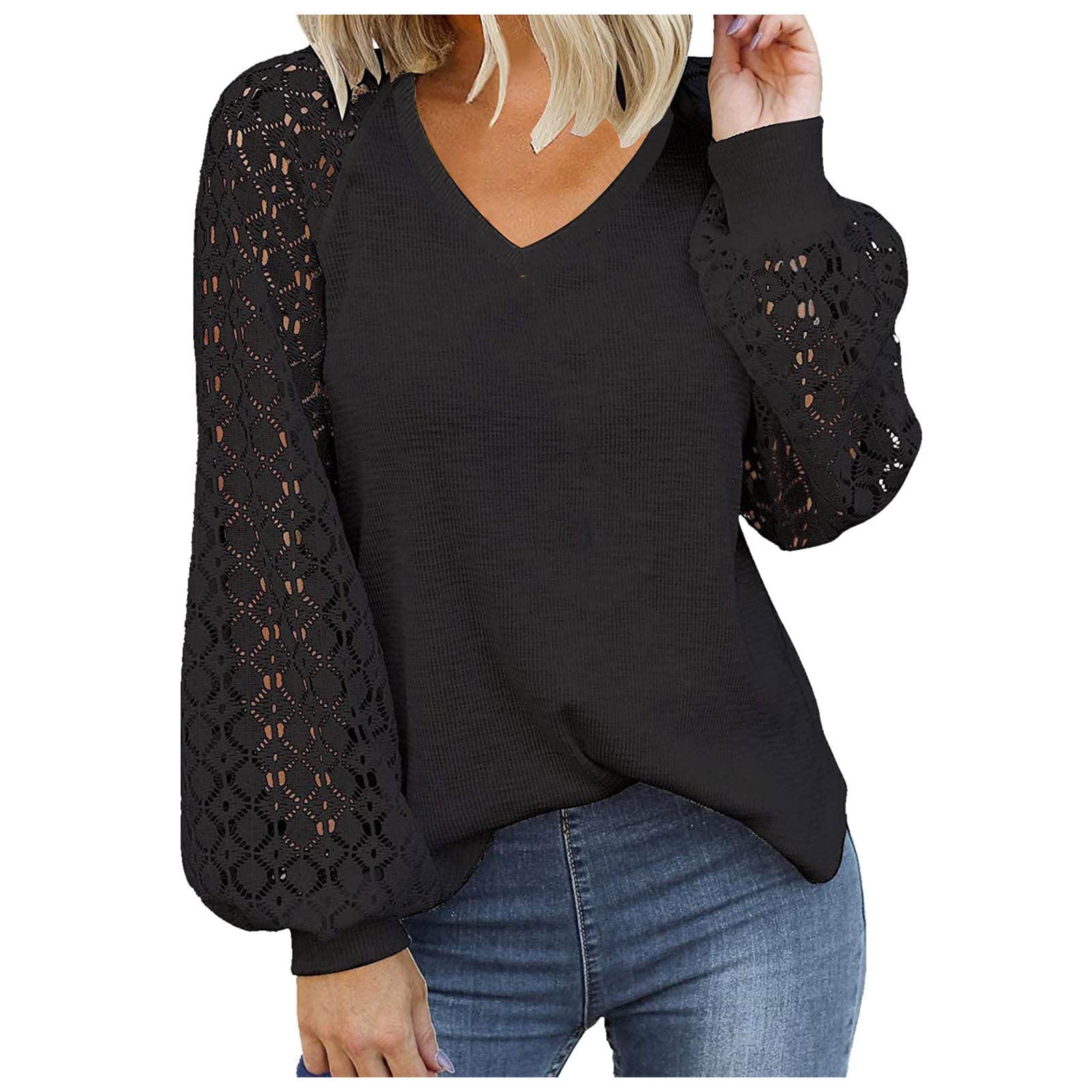 Women's Long Sleeve Lace Hollow Out Blouse - Casual Loose Waffle Knit Pullover Top for Everyday Wear | Perfect for Office, Date Night & Fall Layering