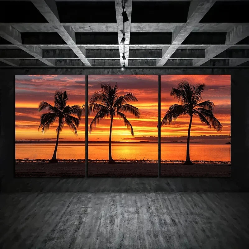 3-Piece Sunset Beach with Palm Trees Orange Sky Metal Wall Art - Ready to Hang Tropical Coastal Decor for Living Room, Bedroom & Office