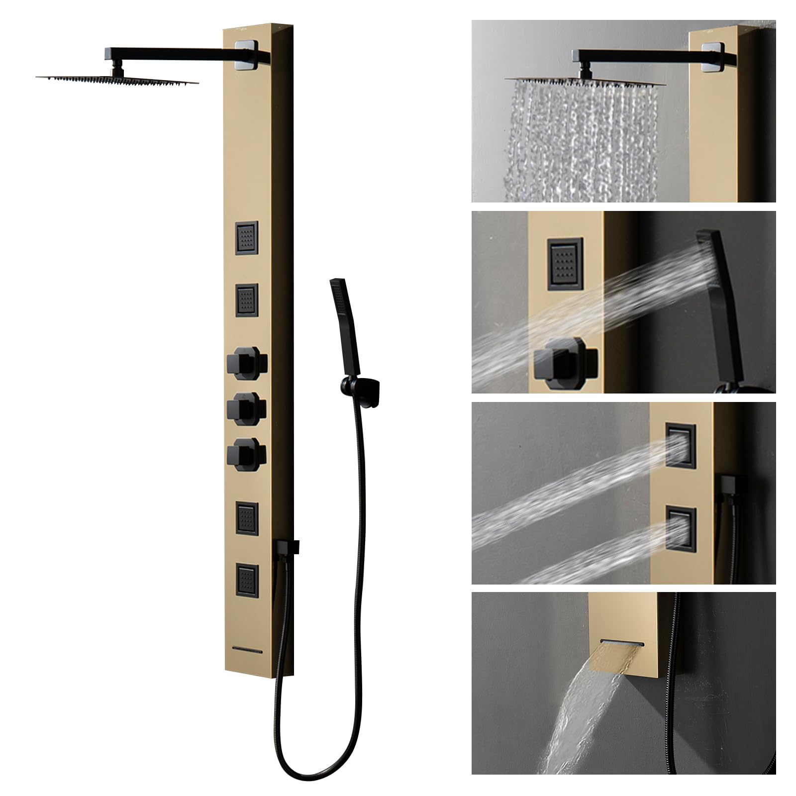 Homevacious Stainless Steel Shower Panel Tower System - Wall-Mounted Rainfall Shower Head with 4 Massage Jets, Handheld Shower & Tub Spout in Polished Gold | Luxury Bathroom Upgrade for Spa-Like Experience