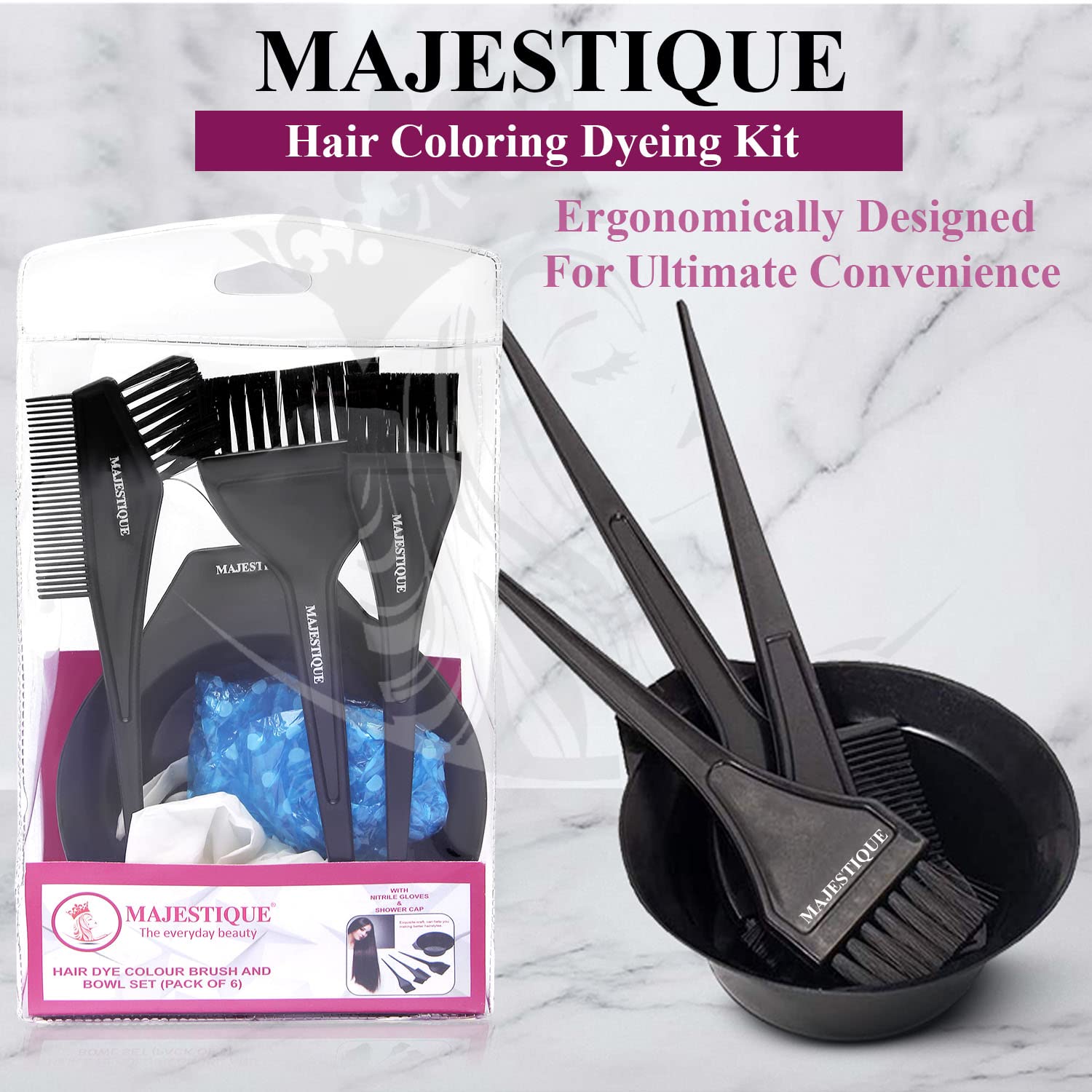 Majestique Professional Hair Coloring Kit - 6 Piece Salon Hair Dye & Bleaching Tools Set with Dye Brush, Tinting Bowl, Cape & Gloves | Perfect for Home Hair Coloring & Salon Styling