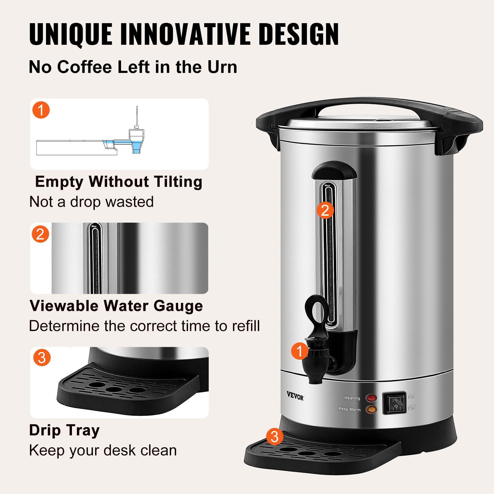 VEVOR 65-Cup (9.75L) Commercial Coffee Urn with Level Window - 1500W Large Capacity Coffee Maker for Events, Catering & Offices - Perfect for Weddings, Parties & Restaurants