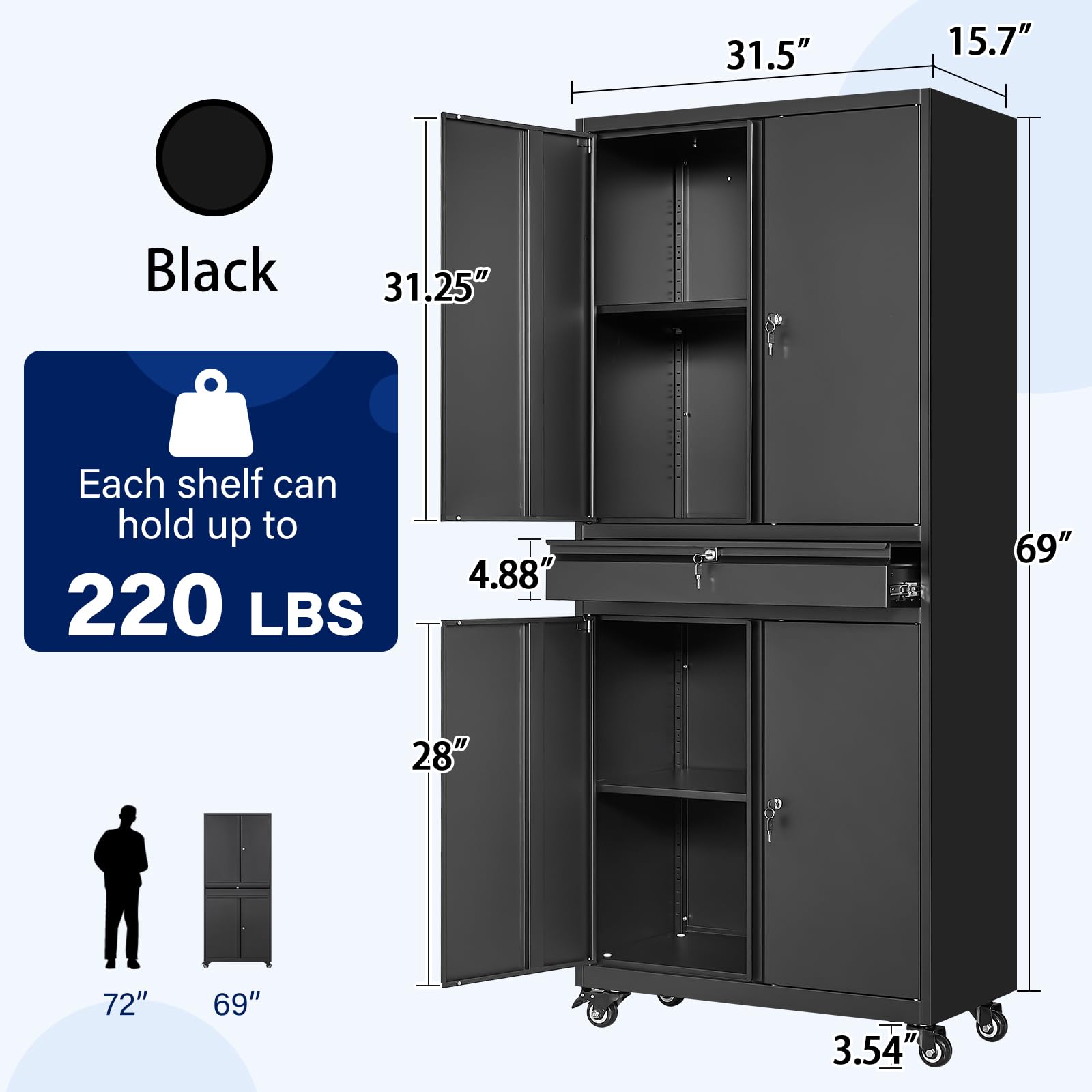 Yizosh Heavy Duty Metal Garage Storage Cabinet with Locking Doors & Adjustable Shelves - 73