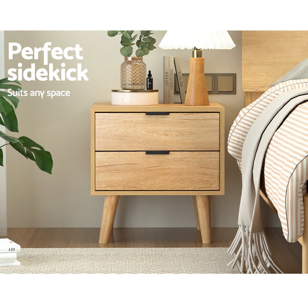 2 Drawer Pine Bedside Table - Nightstand with Storage for Bedroom, Living Room, or Office - Natural Wood Finish
