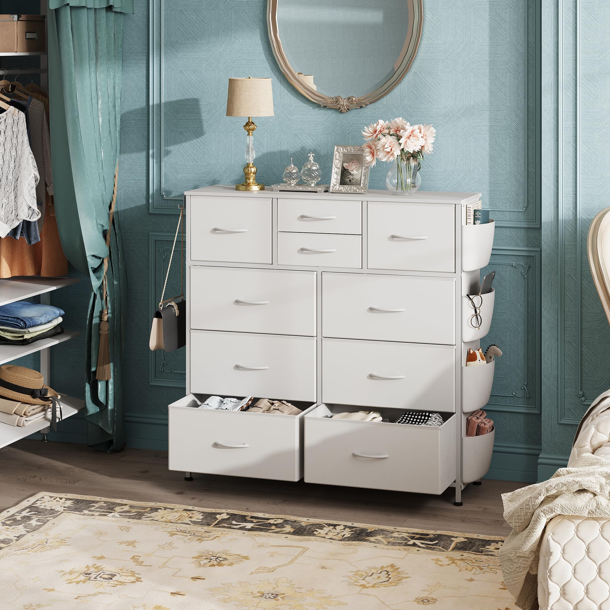 WLIVE 10-Drawer White Dresser for Bedroom - PU Storage Chest with Side Pockets & Hooks, Sturdy Metal Frame Dresser Organizer - Perfect for Bedroom, Living Room, Hallway & Closet Storage Solutions