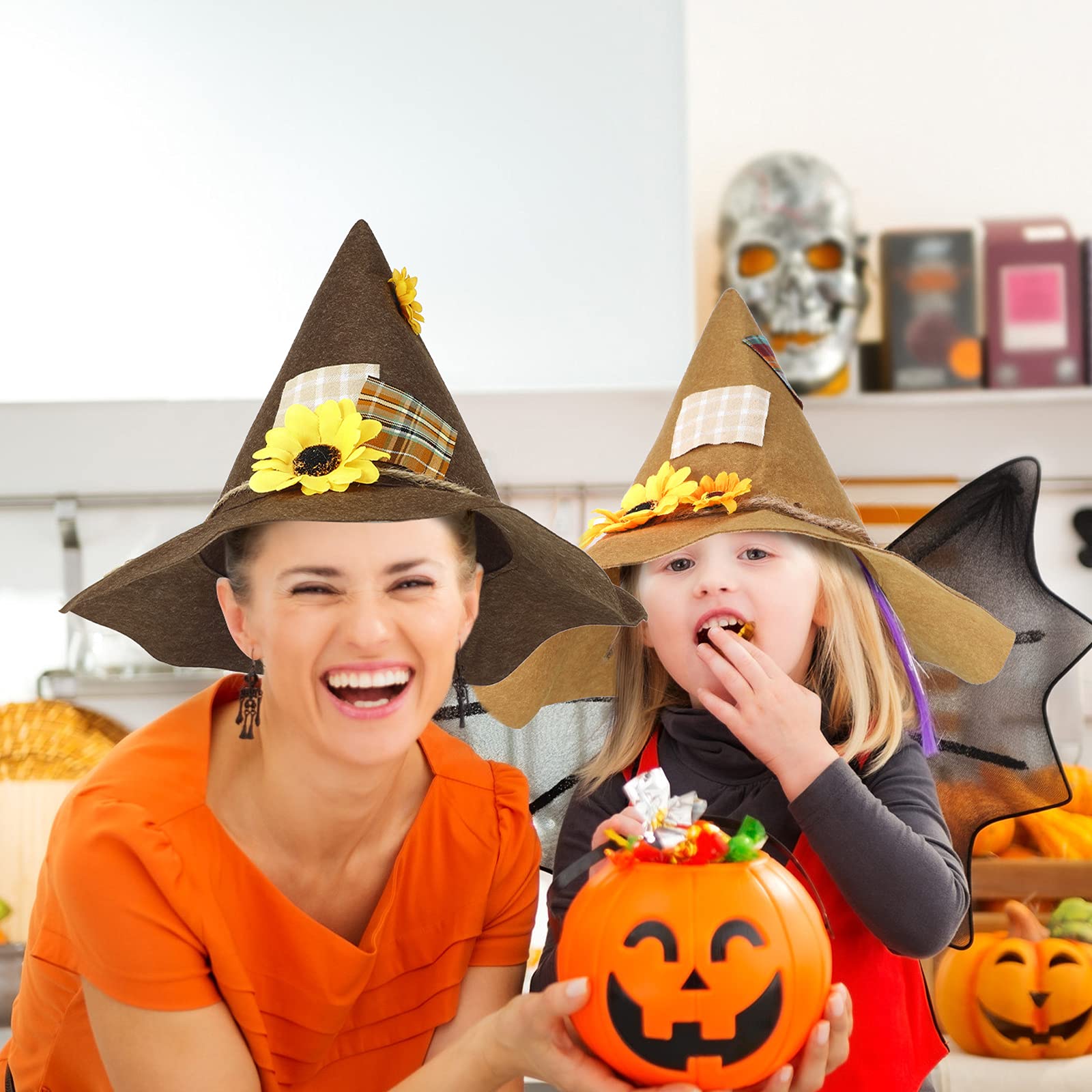 SATINIOR 2-Pack Scarecrow Hats with Sunflower Design - Felt Witch Costume Hats for Halloween, Cosplay & Themed Parties - Perfect for Fall Festivals, Pumpkin Patches & Outdoor Decor