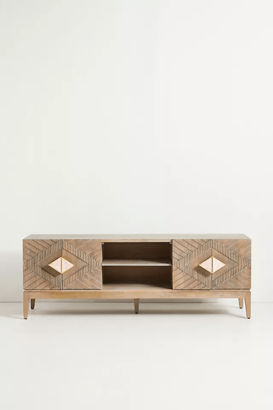 Hand Carved Samuel Media Console Table - Solid Wood TV Stand with Woodcarving Details | Perfect for Living Room, Home Theater & Entertainment Centers