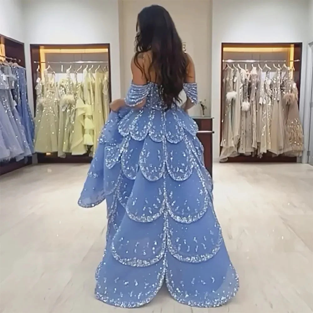 Luxury Beaded Blue A-Line Evening Gown for Women - Arabic Dubai Inspired Wedding Party Dress 2025 | Elegant Formal Gowns for Prom, Bridal Shower & Special Occasions
