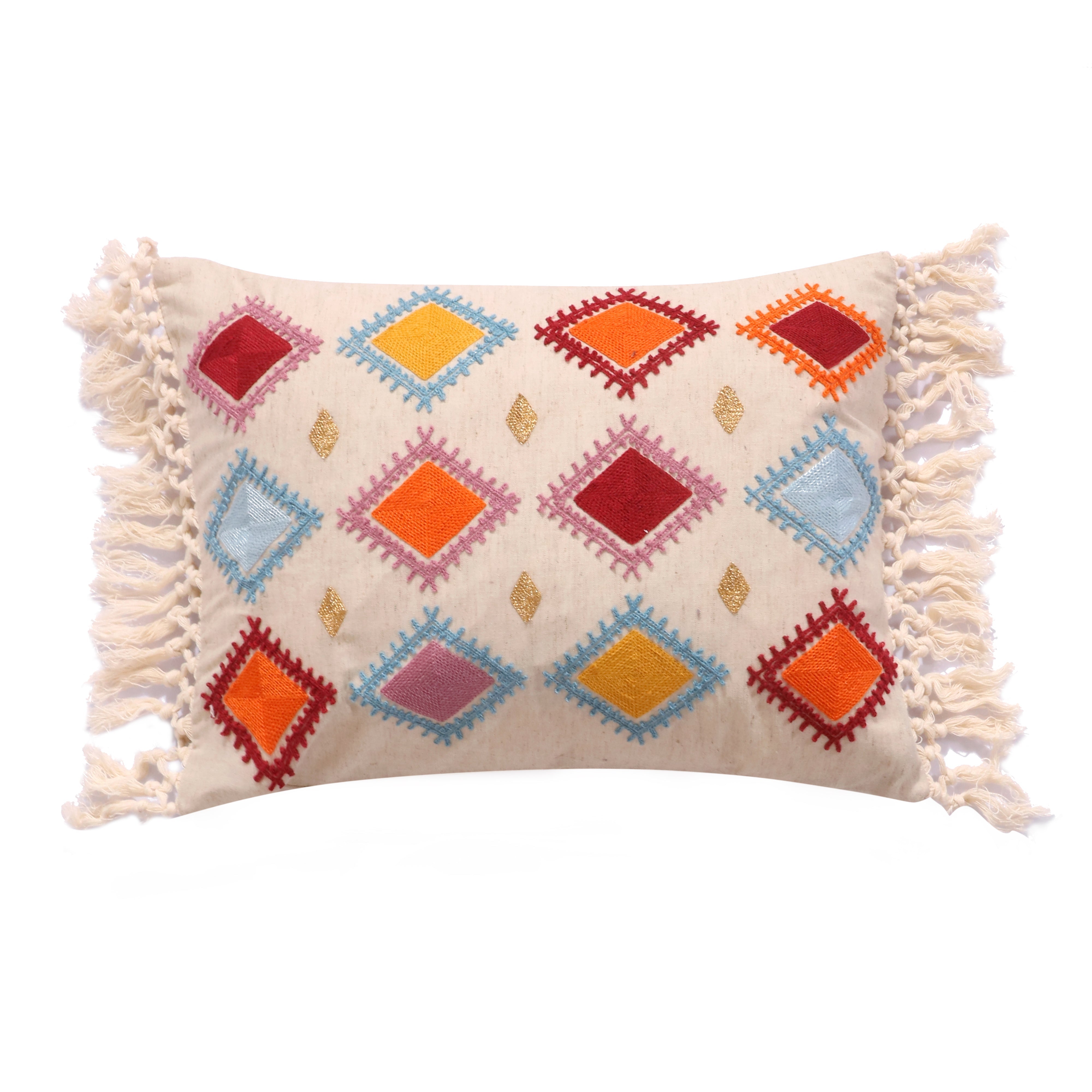 Aitana Fringed Crewel Diamond Pillow - Bohemian Decorative Throw Pillow Cover for Sofa, Bed, Couch - Perfect for Living Room, Bedroom & Home Decor