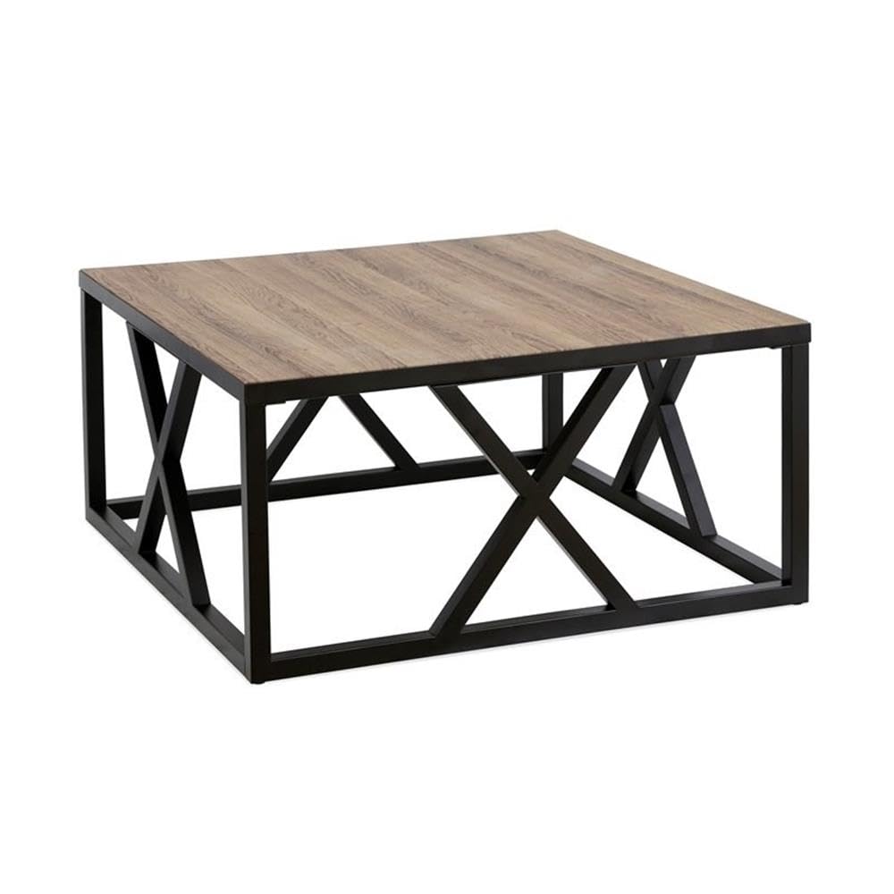 Modern Square Metal Coffee Table with Solid Oak Wood Top - Stylish Living Room Furniture for Home Decor & Lounge Areas