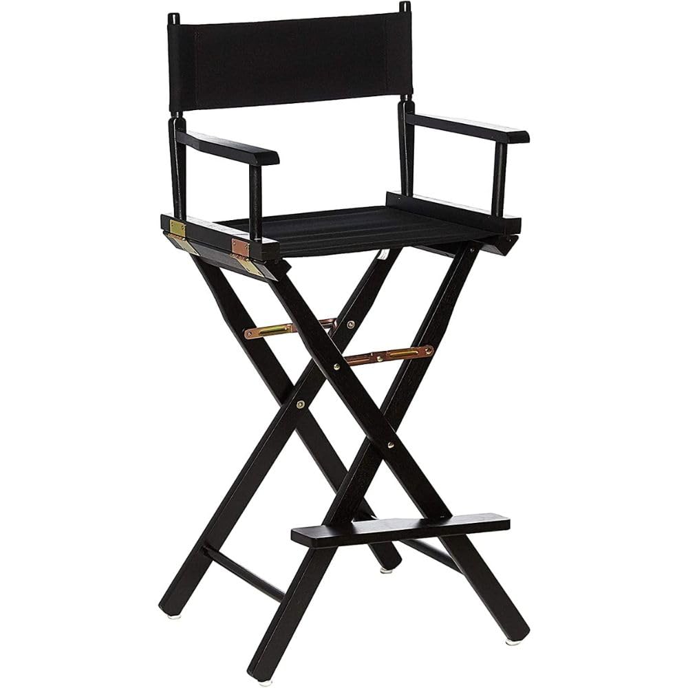 30-Inch Foldable Director’s Chair - Solid Wood Bar Height Stool with Black Canvas Seat - Portable Tall Chair for Home, Kitchen, Counter, Patio & Events - Sturdy Black Frame - Perfect for Outdoor Dining, Camping & Picnics
