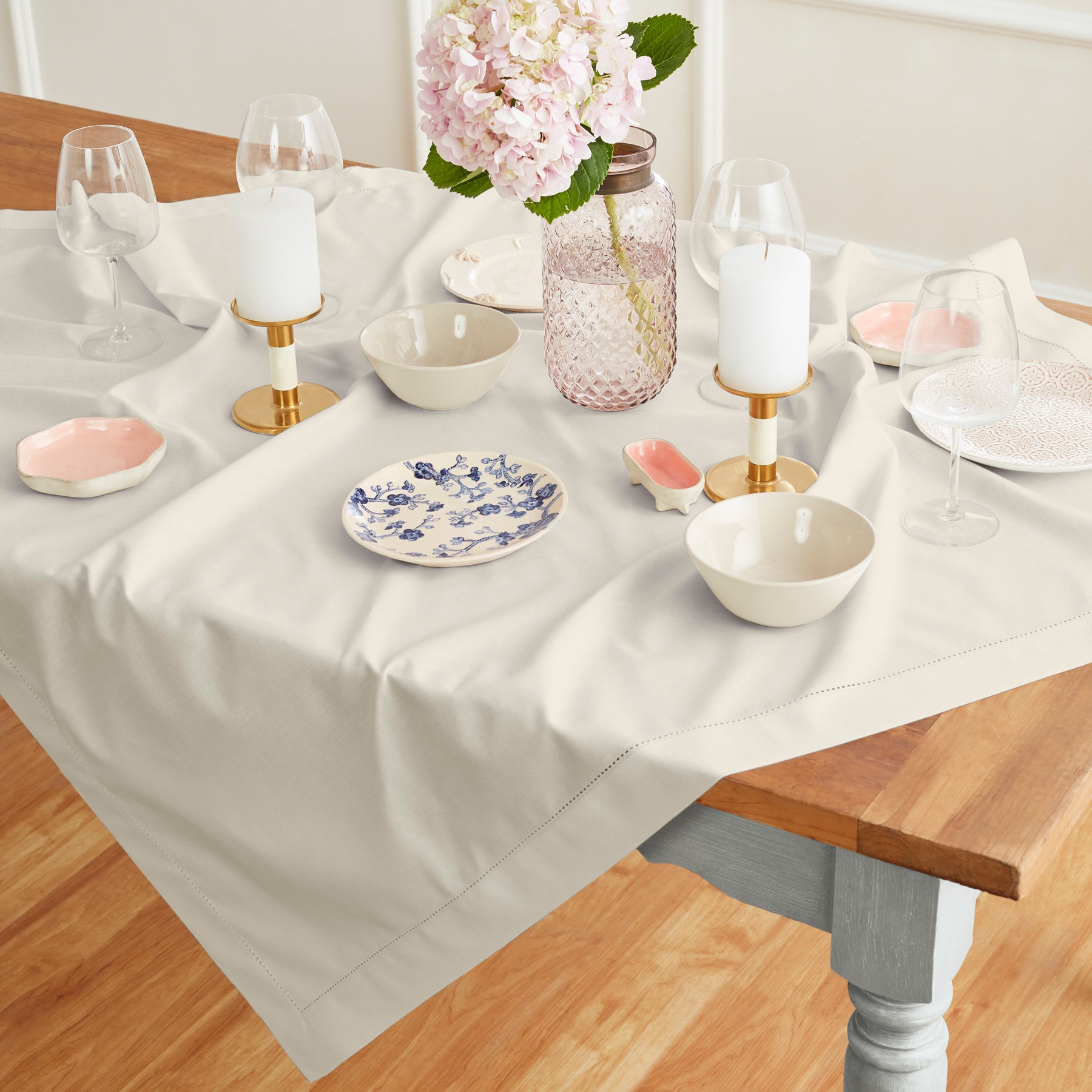 Premium Cotton Linen Hemstitch Table Throw - Elegant Decorative Table Runner for Dining Room, Wedding, Party & Home Decor