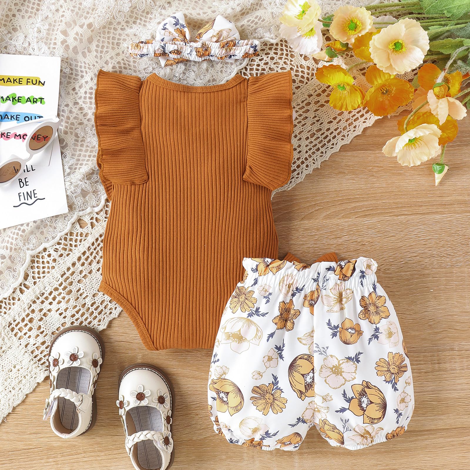 Adorable Newborn Baby Girl Clothes Set - Ruffle Romper, Shorts & Headband | Soft Cotton Infant Bodysuit Outfits for Photoshoots, Parties & Daily Wear