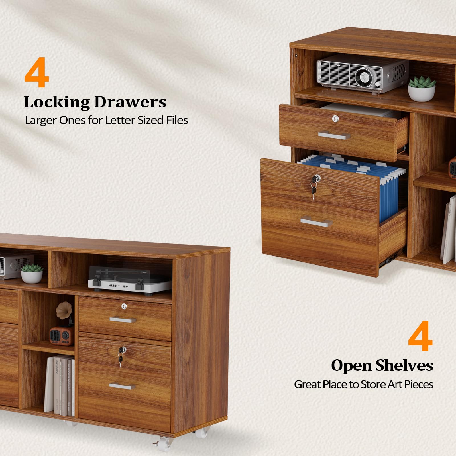 VINGLI 4-Drawer Wood Lateral File Cabinet with Lock & Open Shelves - Lockable Rolling Office Storage for Letter Size Files, Home Office Organization, Printer Stand (Walnut Finish) - Perfect for Home Office, Study Room & Workspace Storage