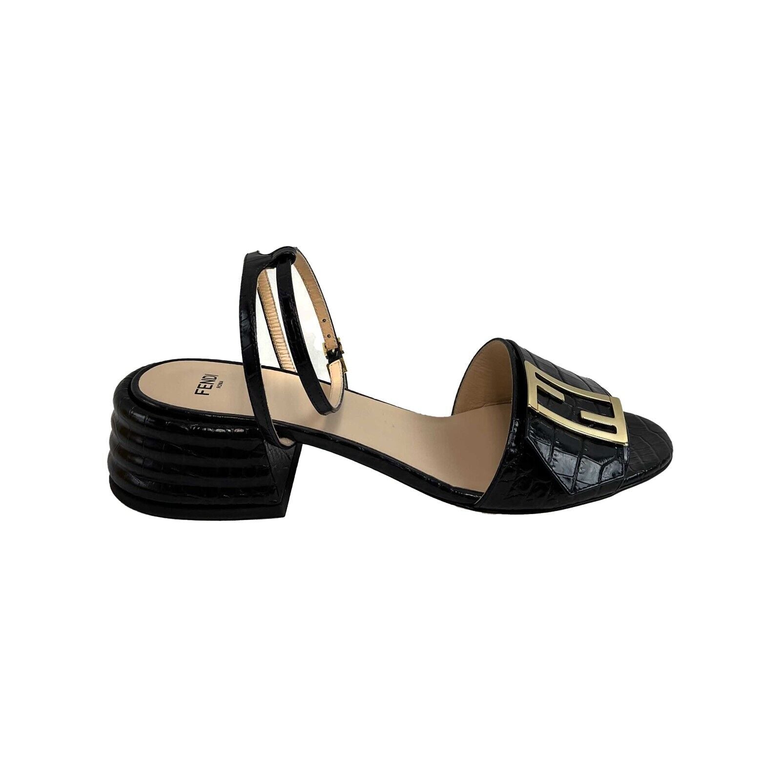 Fendi Crocodile Embossed Promenade Sandals for Women - Black Leather Luxury Designer Sandals Size US 8 (EU 38) - New with Original Box - Perfect for Summer Vacations, Beach Getaways and Upscale Events
