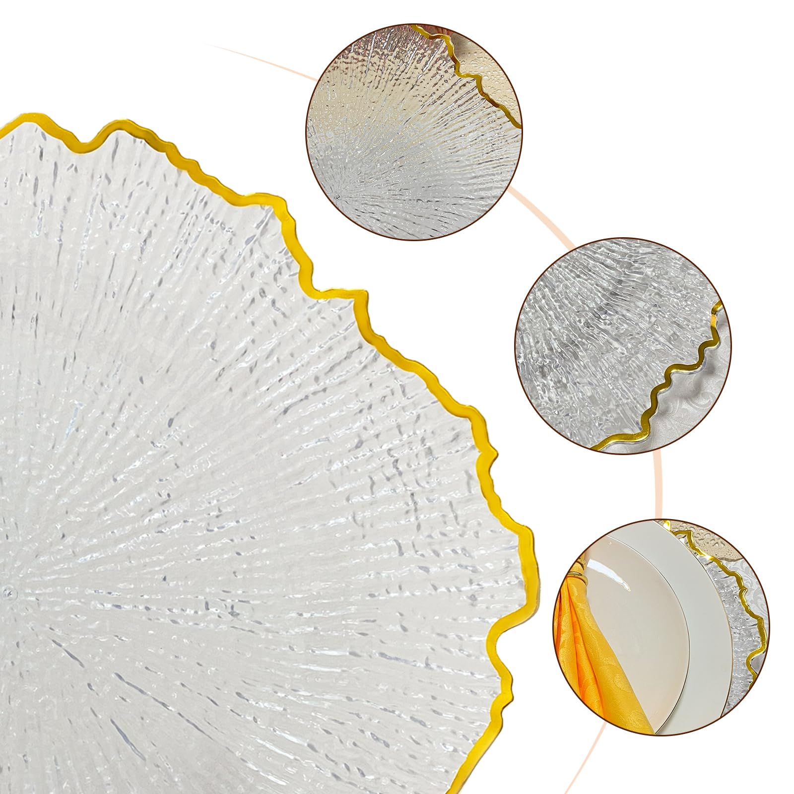 13 Inch Acrylic Gold Rim Reef Charger Plates Set of 10 - Elegant Plastic Floral Wedding Dinner Plates for Formal Events, Parties & Home Decor (Reef Clear, 10-Piece Set)