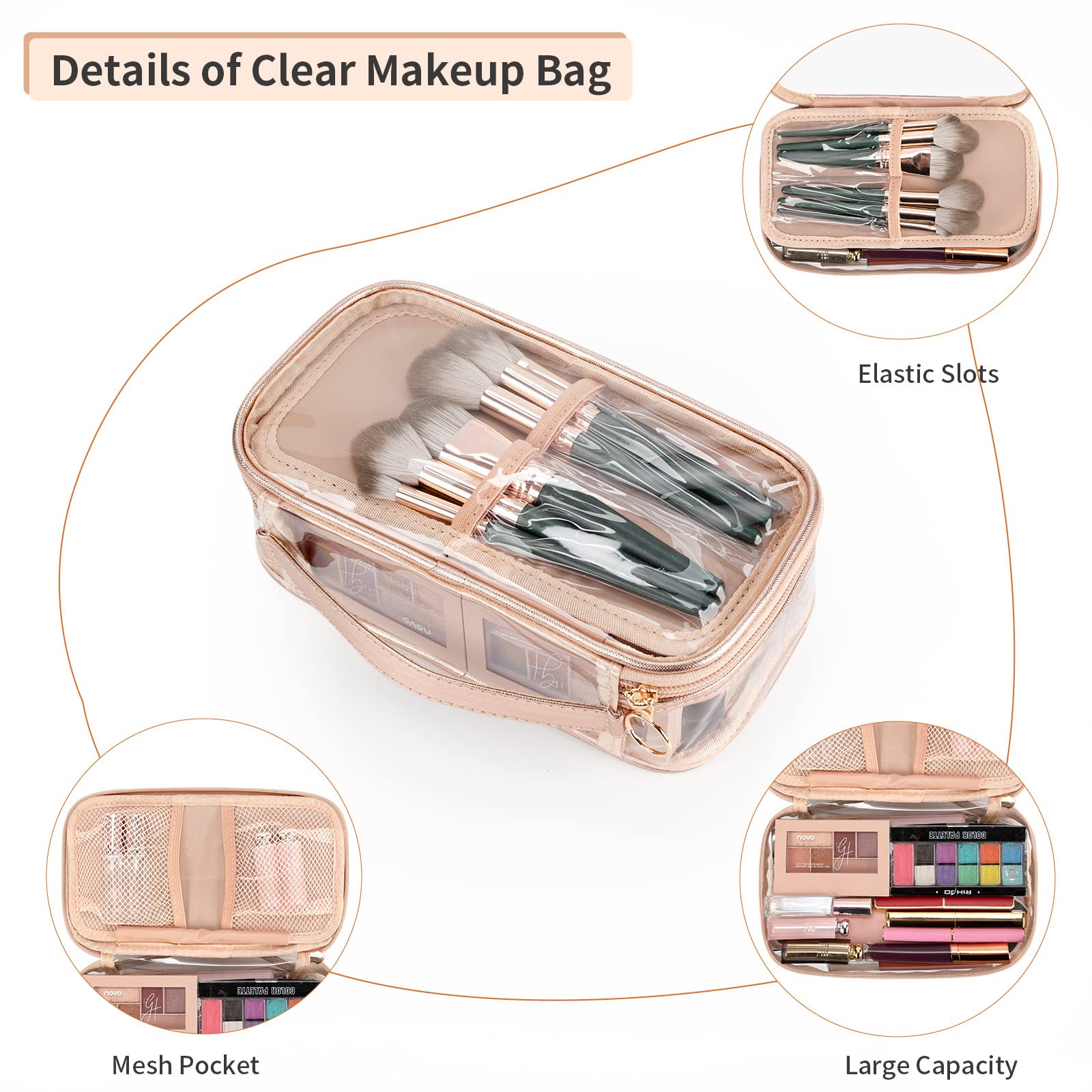 OCHEAL Clear Makeup Bag with Brush Compartment - Portable Travel Cosmetic Organizer for Women & Girls | Waterproof Makeup Pouch for Gym, Vacation & Daily Use (Rose Gold)