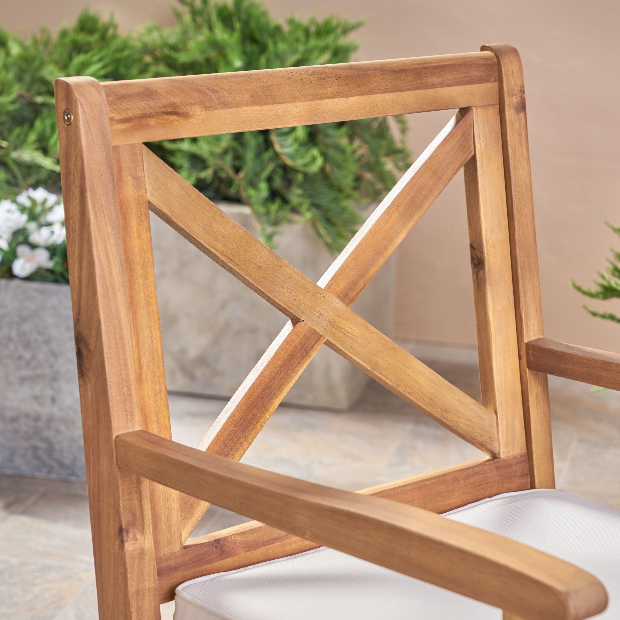 Christopher Knight Home Peter Outdoor Acacia Wood Dining Chairs - Set of 2 with Teak/Cream Cushions | Patio, Garden, Poolside & Restaurant Seating Furniture