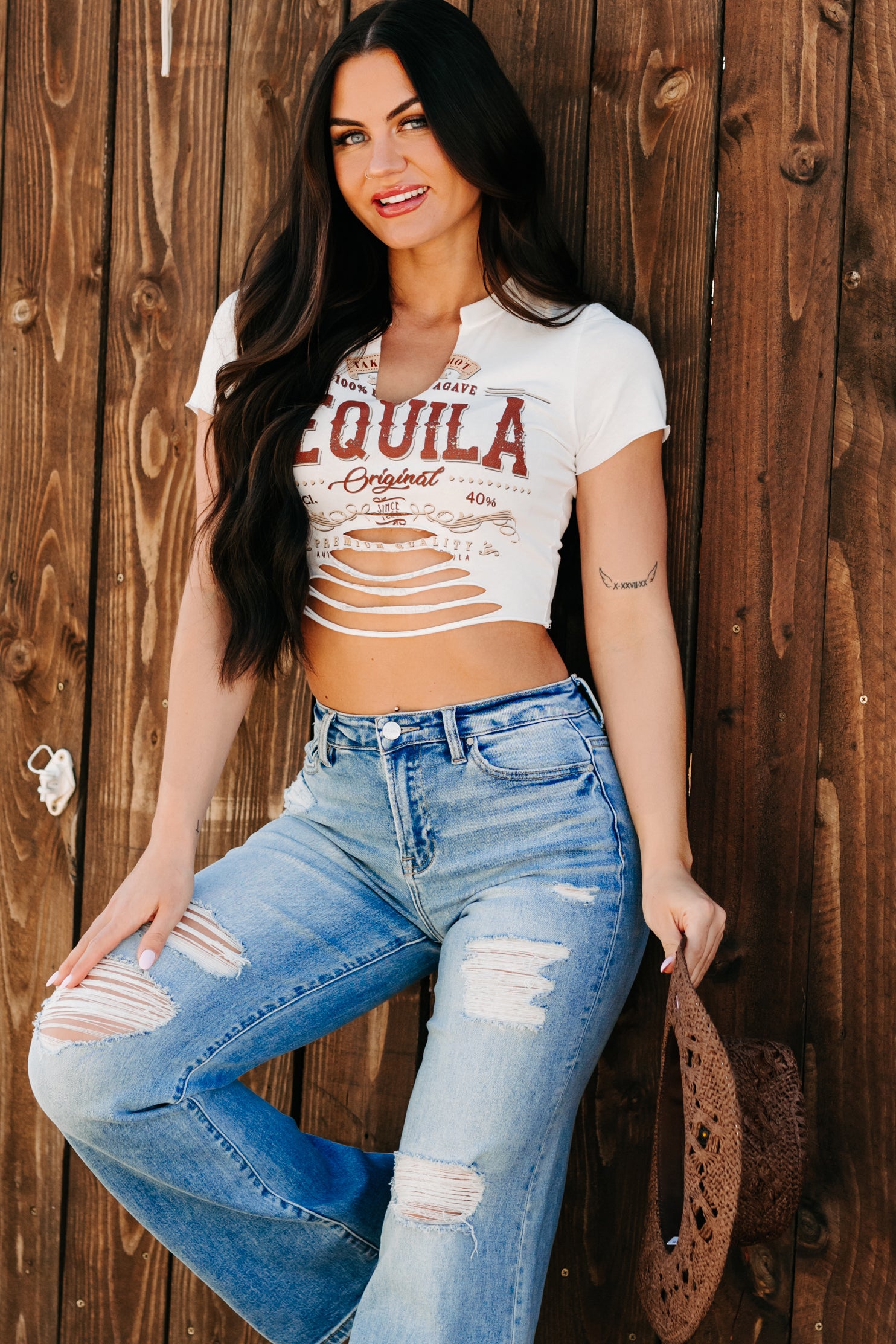 Vintage Distressed Graphic Tequila Crop T-Shirt for Women - Soft Cotton Casual Top (Ivory) | Perfect for Music Festivals, Beach Outings & Streetwear Fashion