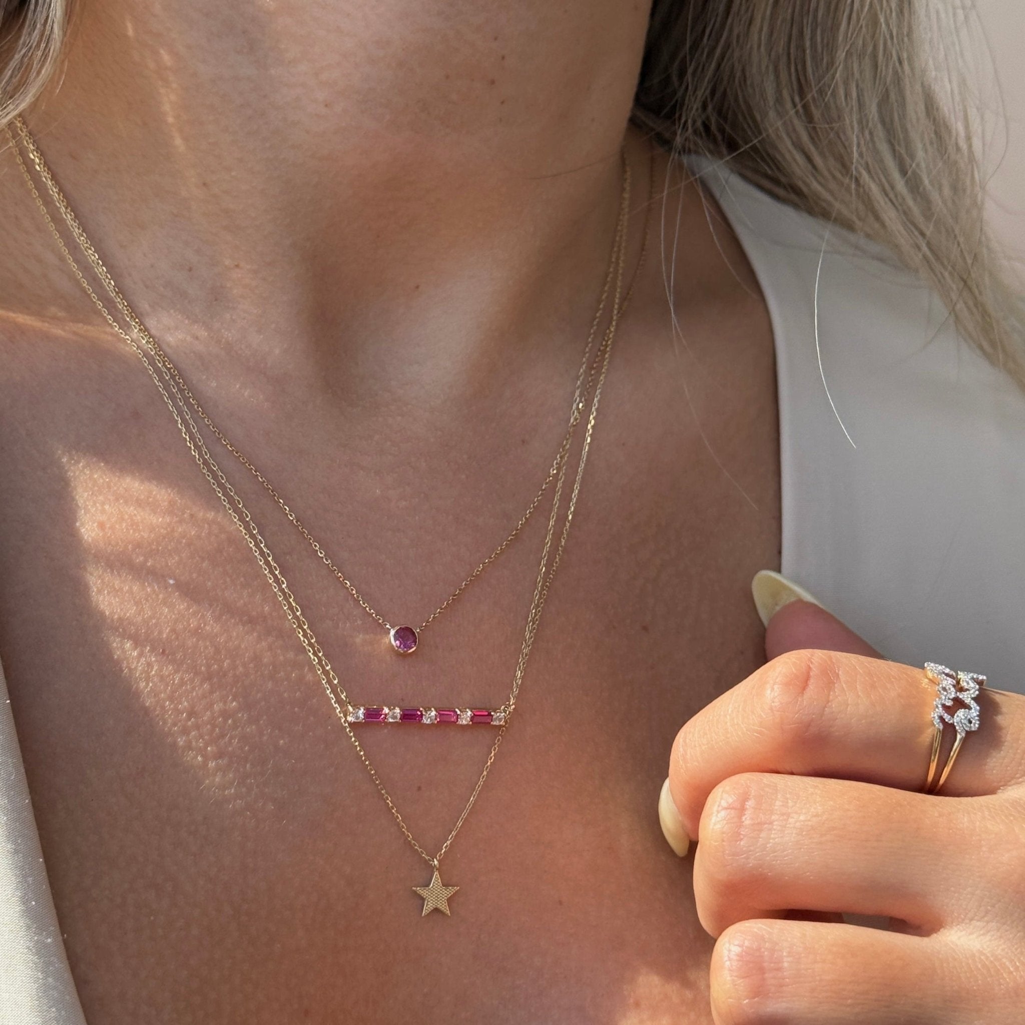 Emerald Cut Ruby and Round White Sapphire Bar Necklace - 10k Solid Yellow Gold Dainty Jewelry for Women, Gift for Her, Anniversary, Birthday, Valentine's Day