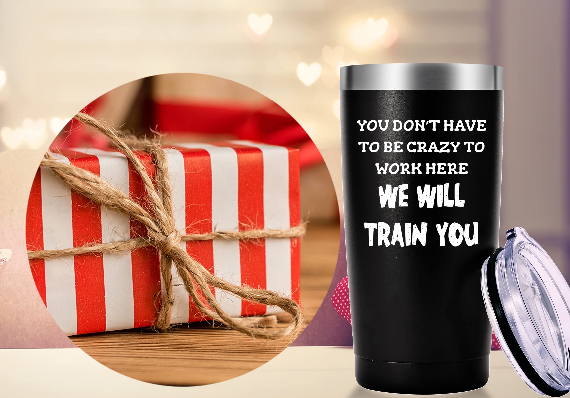 Funny 'You Don't Have To Be Crazy To Work Here' Travel Mug - 20oz Black Insulated Tumbler for Coffee & Tea | Perfect Office Gift for Coworkers, Boss, Employees | Great Birthday & Christmas Gift for Men & Women | Ideal for Workplace, Commuting & Home Use