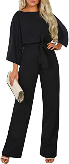 Women's Casual Loose Short Sleeve Belted Wide Leg Jumpsuit Romper - Black, Large - Perfect for Summer Outings, Beach Vacations & Casual Wear