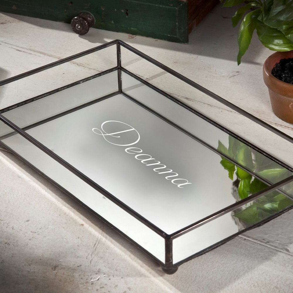 Personalized Glass Jewelry Tray with Mirror Bottom - Vanity Organizer & Dresser Tray for Necklaces, Rings & Earrings - Perfect for Bedroom, Bathroom & Travel Accessories Storage