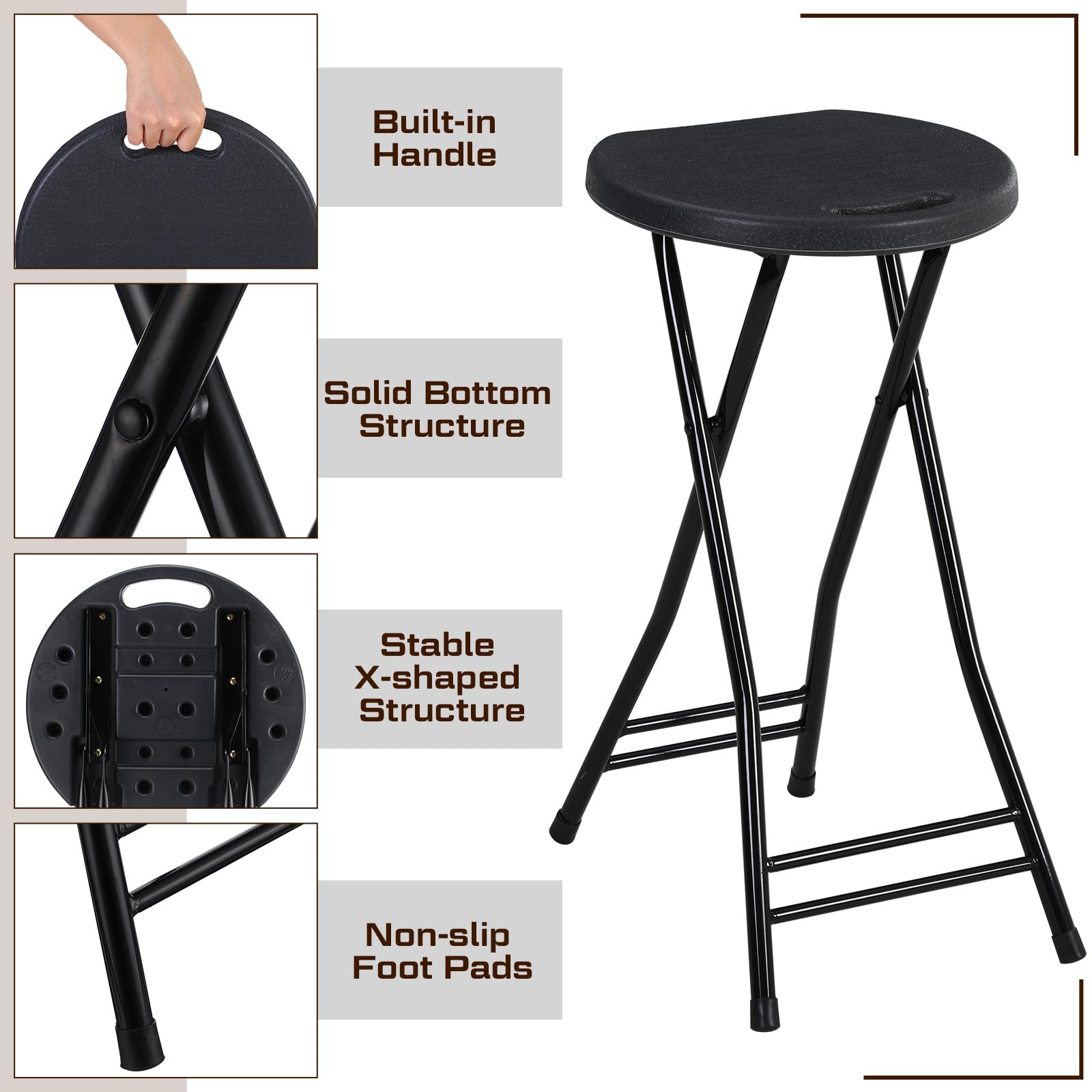 Suzile 2 Pack 24 Inch Folding Stool - Heavy Duty 300lbs Capacity Portable Plastic Bar Stool with Handle for Kitchen, Counter, Camping, Indoor & Outdoor Use (Black)