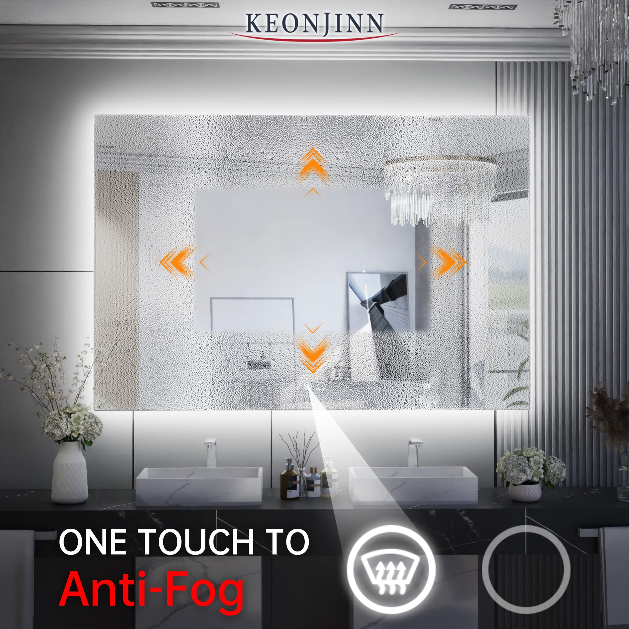 Keonjinn 48x30 Inch LED Bathroom Mirror with Anti-Fog & Dimmable Backlit - UL Listed, IP44 Waterproof, CRI90+ HD Tempered Glass - Perfect for Modern Vanity, Spa Bathroom & Makeup Area Lighting