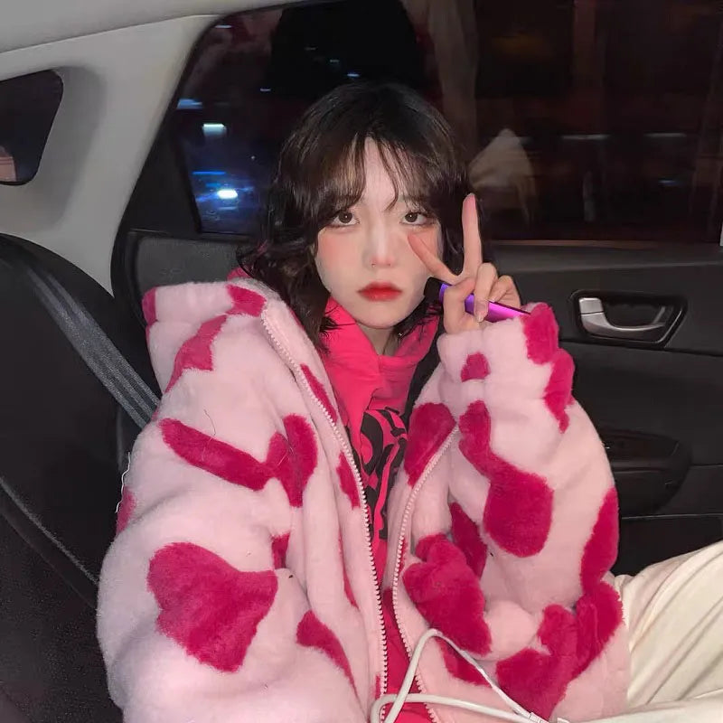 Harajuku Heart Print Plush Jacket for Women - Winter 2022 Korean Style Long Sleeve Hooded Coat, Thick Warm Couple Streetwear Outerwear - Perfect for Dating, Street Fashion & Cold Weather Outfits