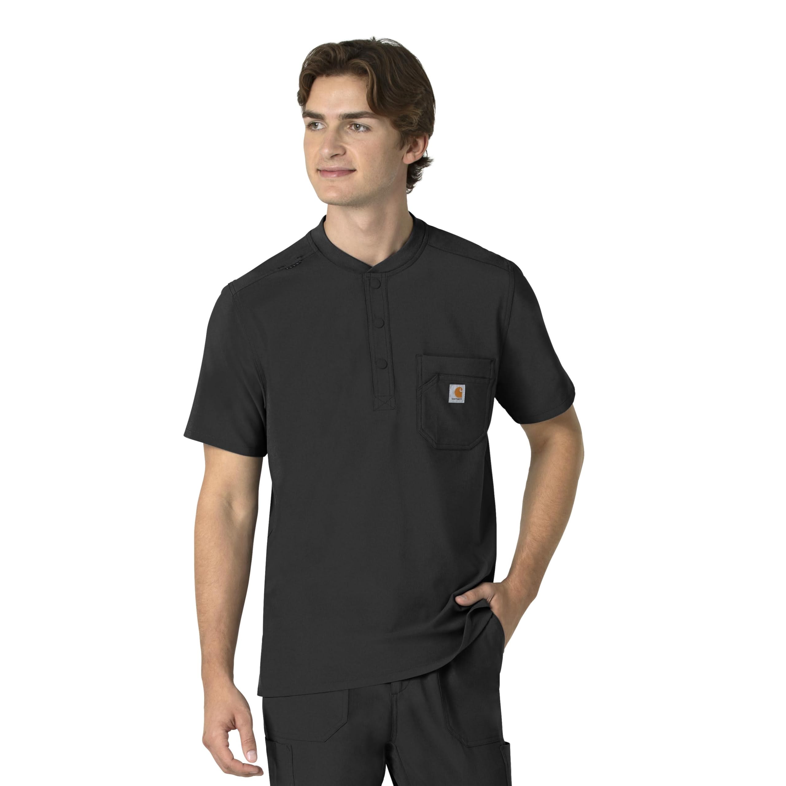Carhartt Force Cross-Flex Men's Henley Scrub Top - Breathable Stretch Medical Uniform for Doctors & Nurses - Navy Blue Workwear for Healthcare Professionals