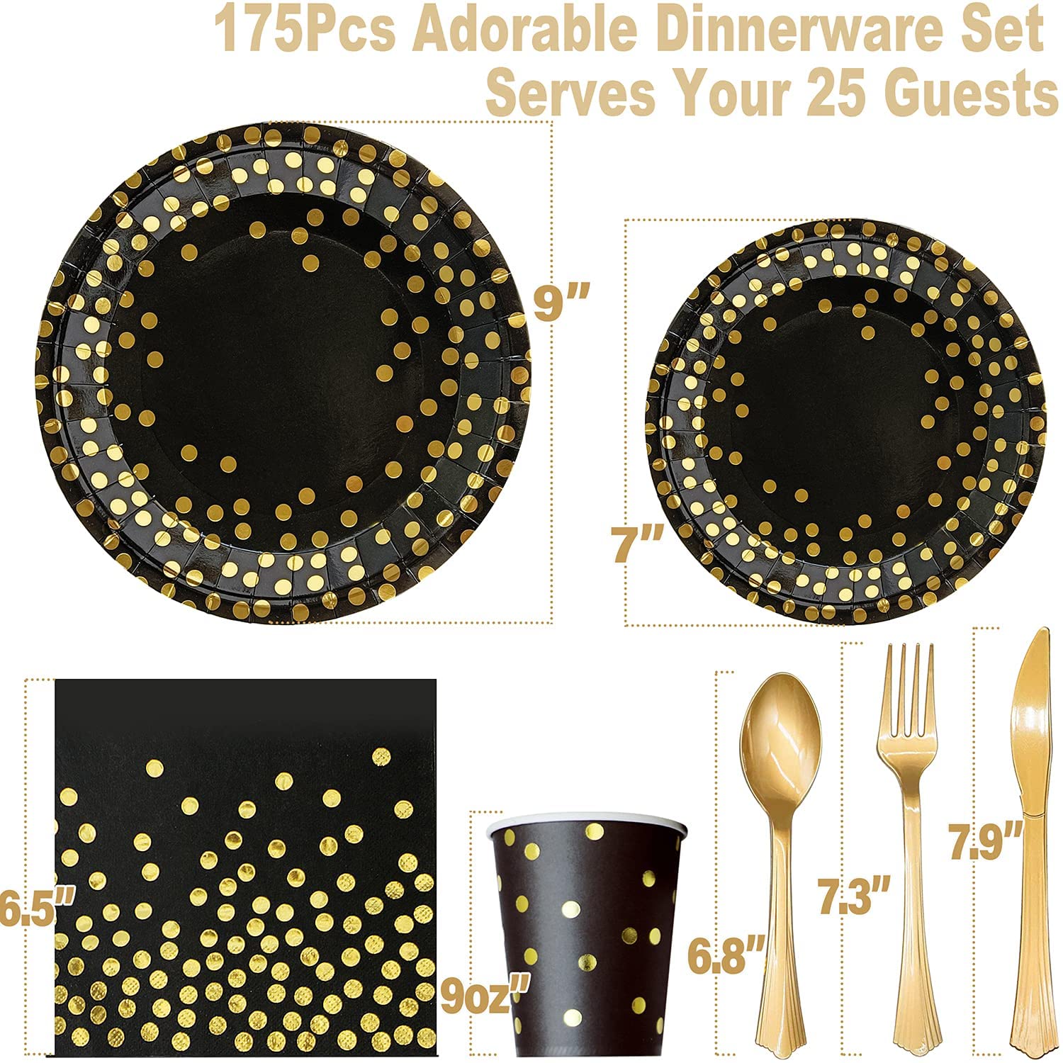 175PCS Black and Gold Party Supplies Set - Disposable Dinnerware Kit with Gold Plastic Forks, Knives, Spoons, Black Paper Plates, Napkins & Cups - Perfect for New Year's Eve, Graduation, Birthday Celebrations and Elegant Dinner Parties