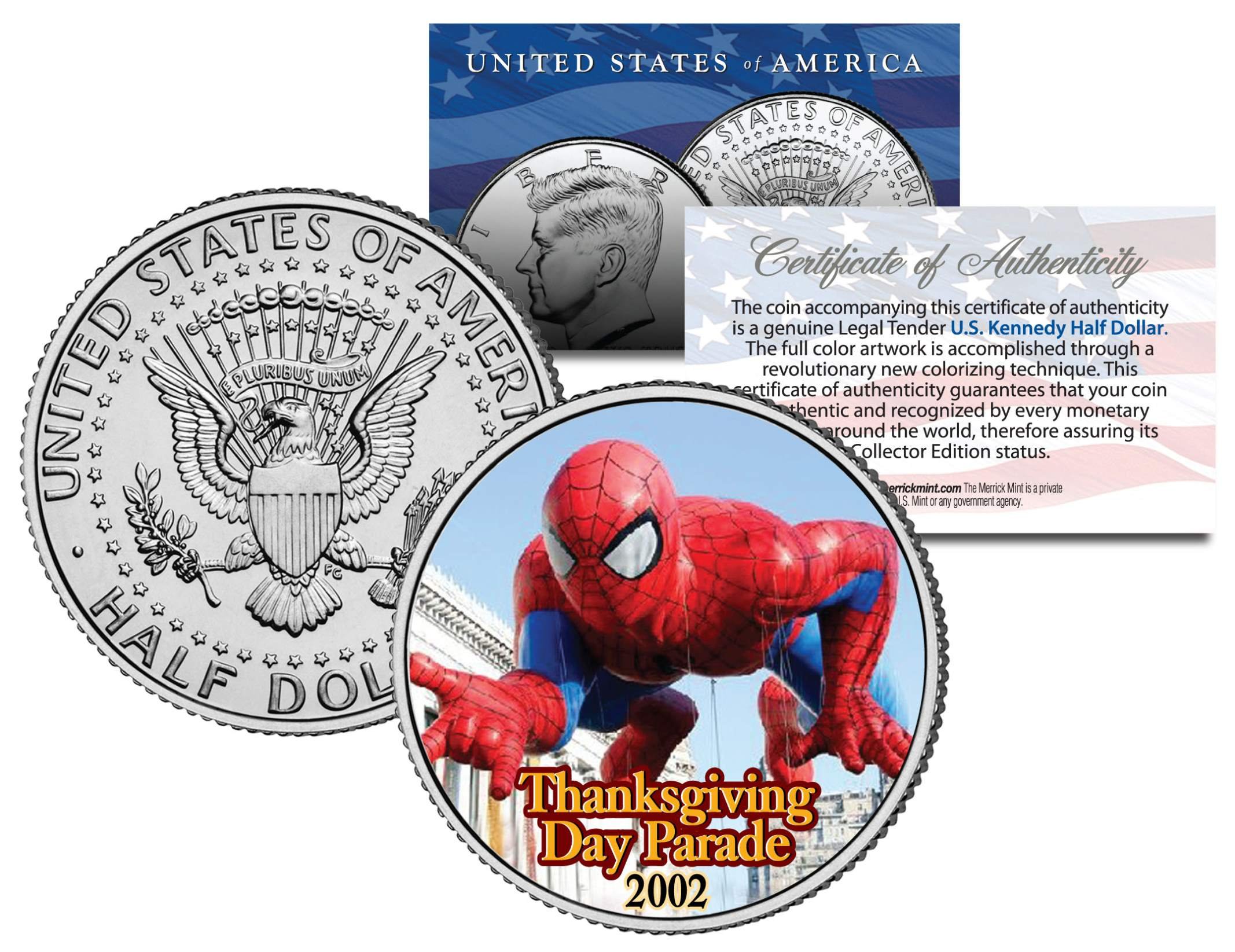 Spider-Man Balloon 2002 Thanksgiving Parade Collectible Colorized Kennedy Half Dollar Coin - Perfect for Marvel Fans, Coin Collectors & Holiday Decorations