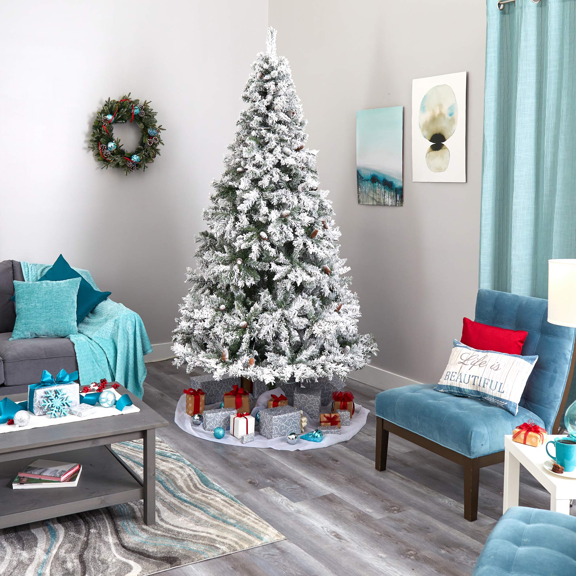 Nearly Natural 8ft Flocked White River Mountain Pine Artificial Christmas Tree with Pinecones - Perfect for Holiday Home Decor, Office, and Christmas Party Decoration