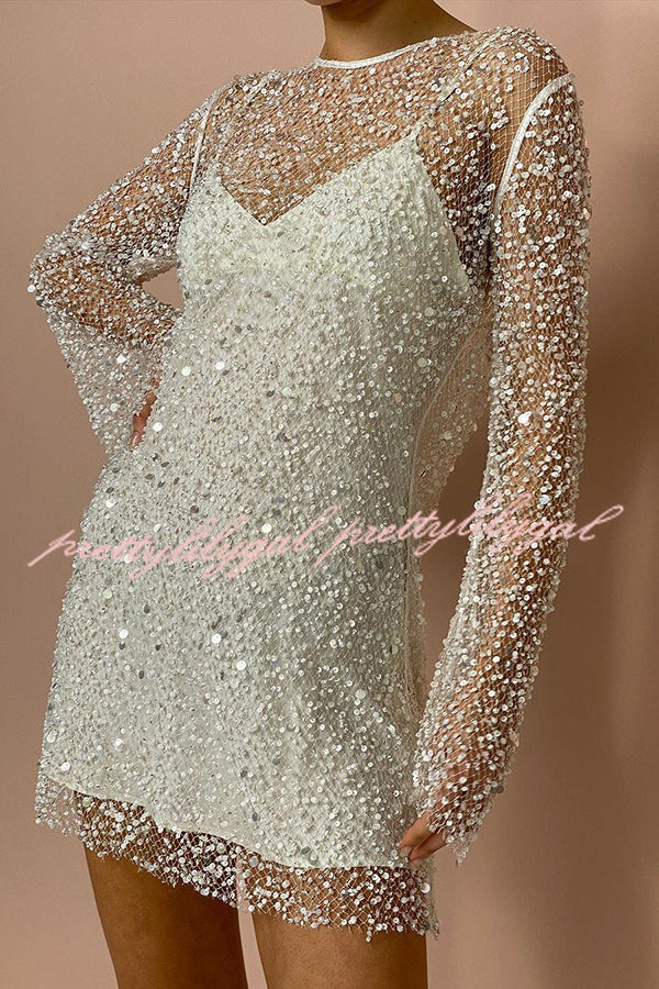 Sparkle and Shine Sequins & Pearls Mini Party Dress with Detachable Slip - Perfect for Cocktail Parties, Prom, and Evening Events