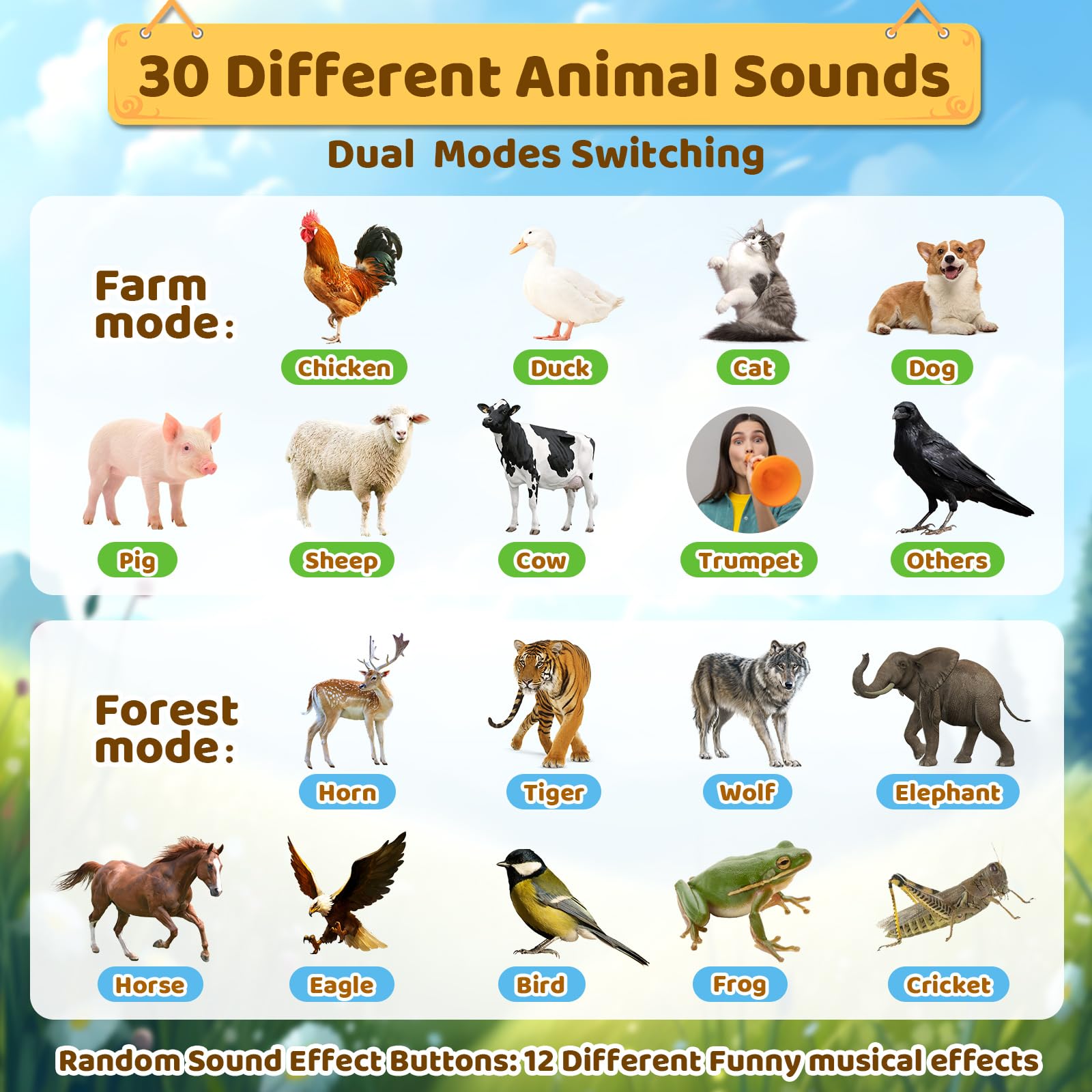 Outdoor Discovery Animal Caller Toys for Kids - 2 Modes & 30 Realistic Animal Sounds with 8