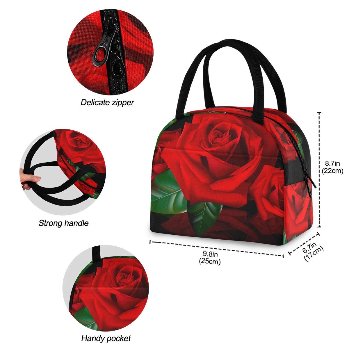 Insulated Red Rose Lunch Tote Bag for Women - Leakproof & Thermal Lunch Box for Work, School, Picnics & Outdoor Activities