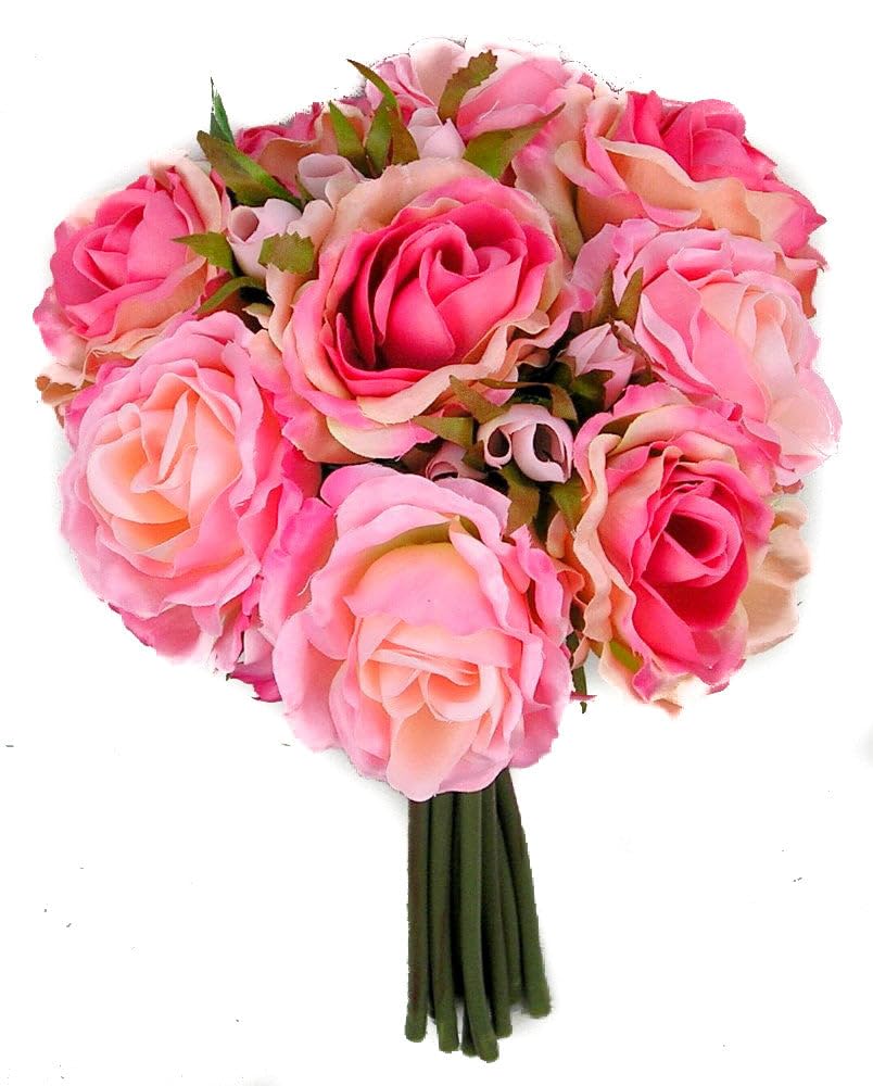 Artificial Silk Rose Bouquet - Pink Mix 11 Stems (9 Open Roses & 2 Rose Buds) for Wedding Centerpieces, Bridal Bouquets, Home Decor & Party Decorations