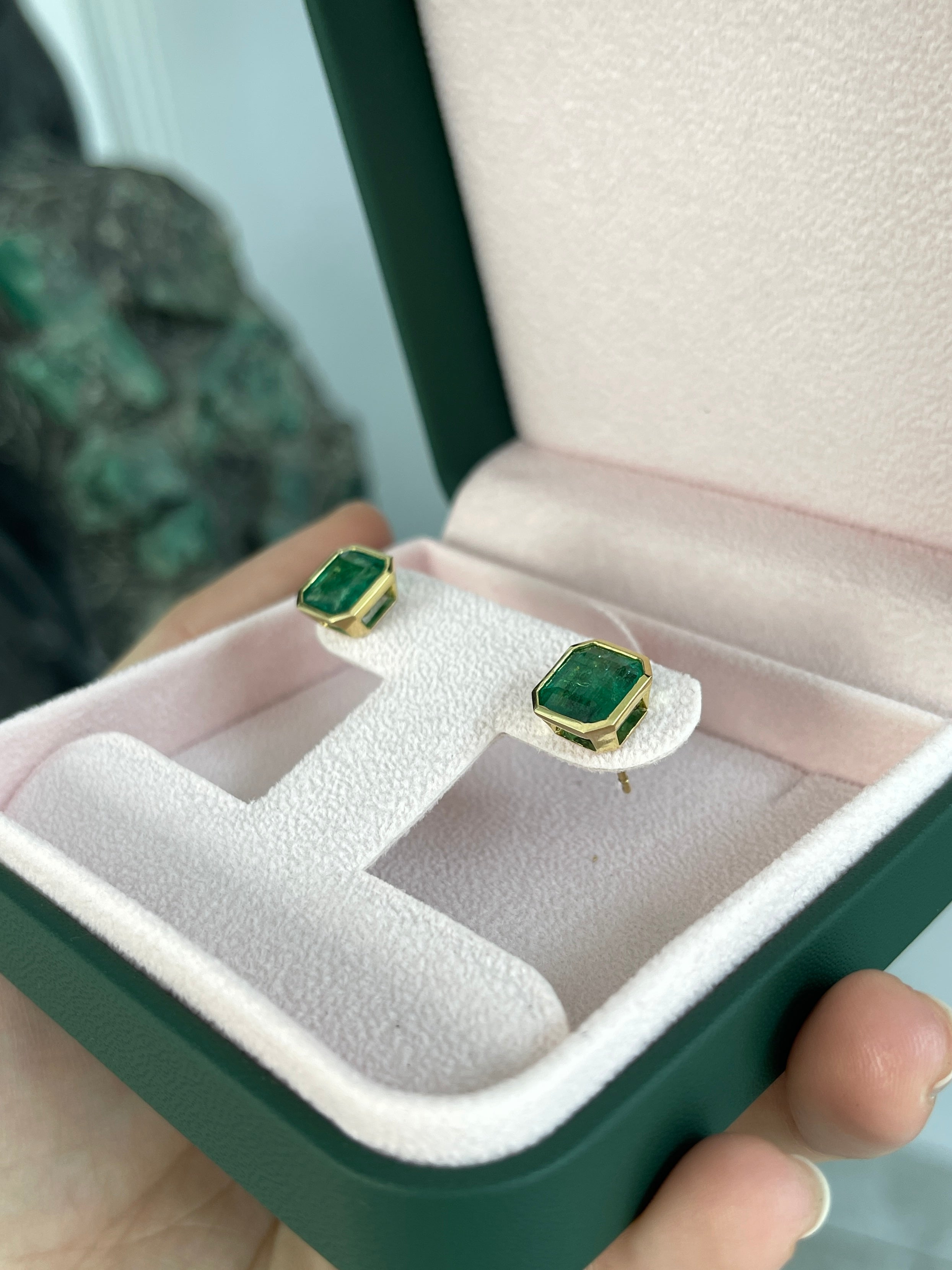 5.60tcw Classic Asscher Cut Emerald Bezel Stud Earrings in 18K Gold - Elegant Jewelry for Weddings, Parties & Special Occasions