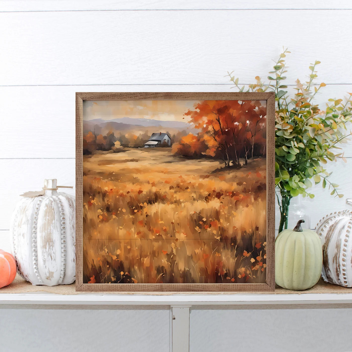 Autumn Field House Wood Framed Wall Art Print - Rustic Farmhouse Decor for Living Room, Bedroom & Office