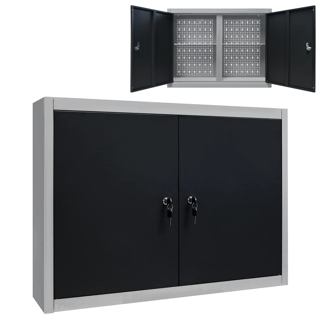 Industrial Style Metal Wall Cabinet - Floating Storage Cabinet with Double Lockable Doors, 2 Adjustable Shelves & Hanging Perforated Plate - Gray & Black - Perfect for Garage, Workshop, Kitchen, and Office Organization