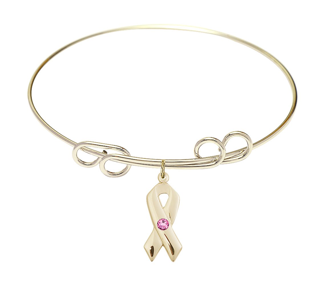 8 Inch Round Double Loop Bangle Bracelet with Cancer Awareness Charm & Rose Crystal - Elegant Jewelry for Women, Gift for Survivors, Support Awareness Events